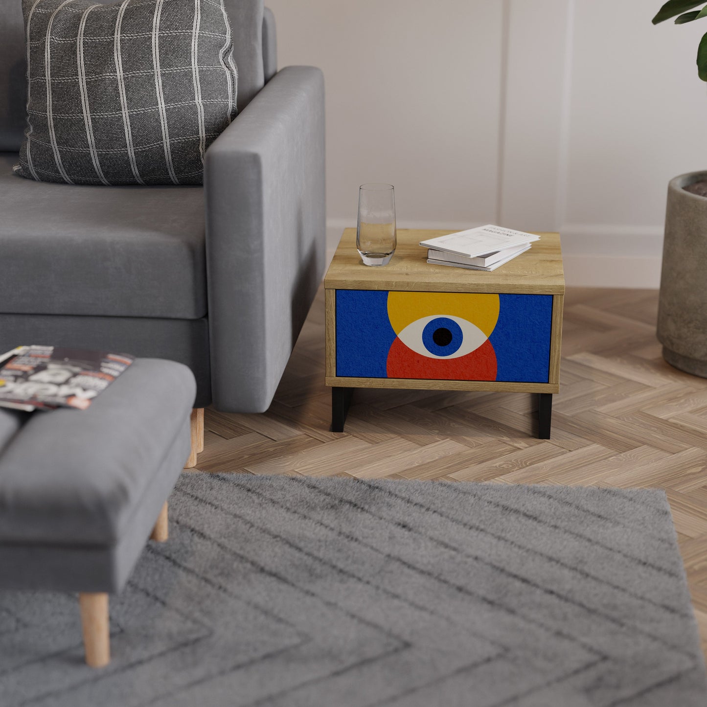 Comodino GEOMETRIC EYES in effetto rovere