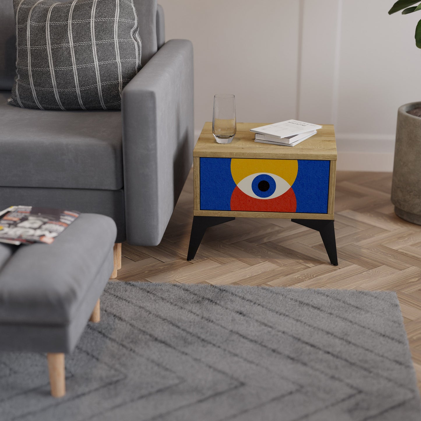 Comodino GEOMETRIC EYES in effetto rovere