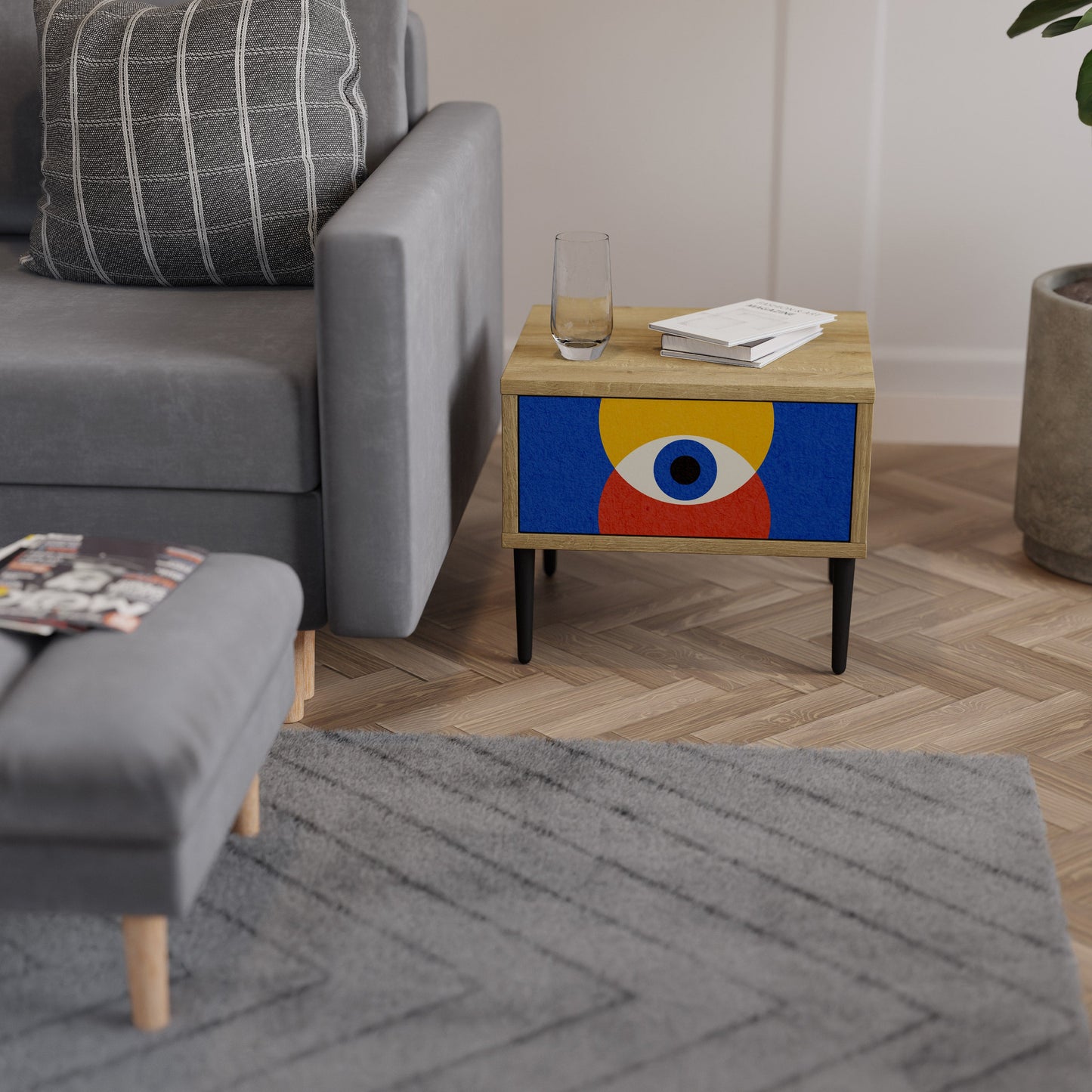 Comodino GEOMETRIC EYES in effetto rovere