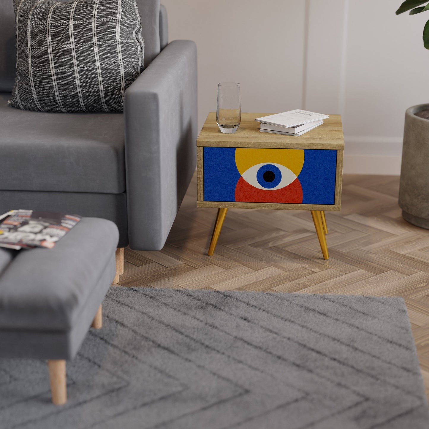 Comodino GEOMETRIC EYES in effetto rovere