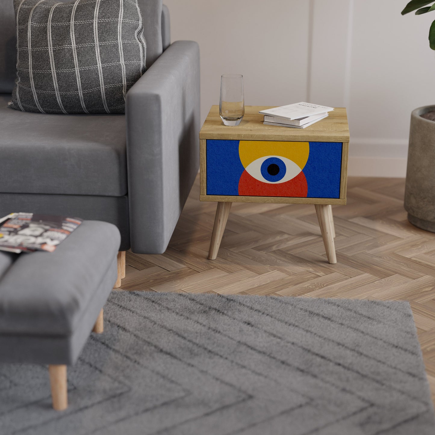 Comodino GEOMETRIC EYES in effetto rovere
