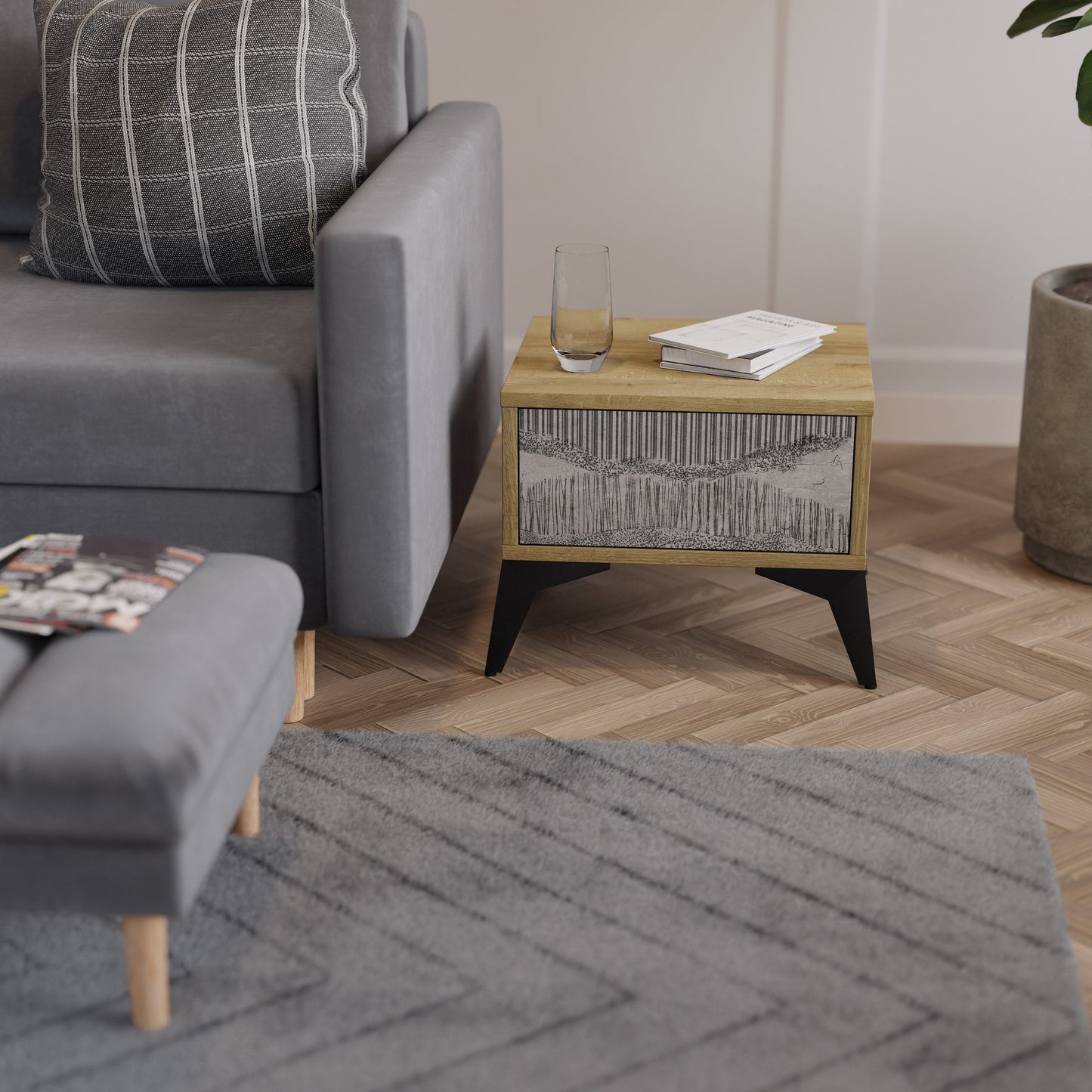 Comodino GRAIN LINES in effetto rovere