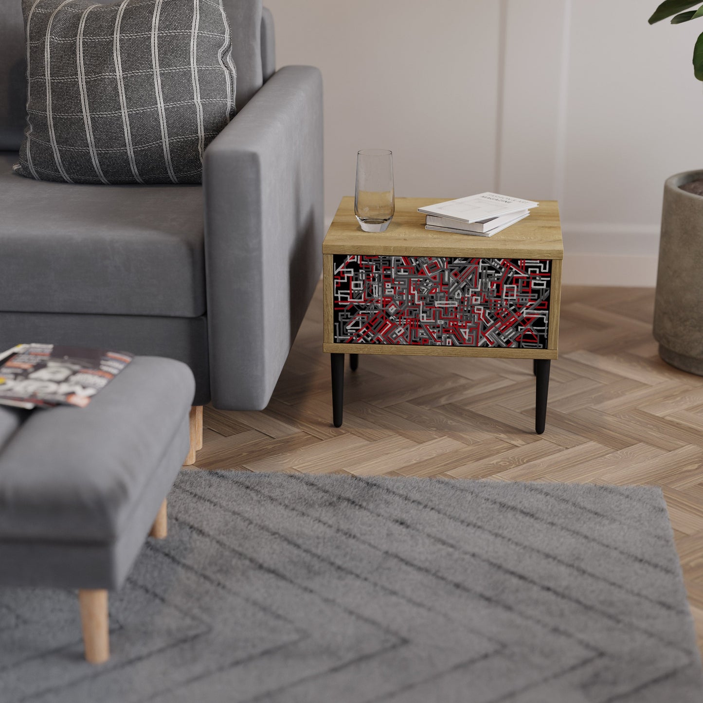 BROKEN LINES Nightstand in Oak Effect