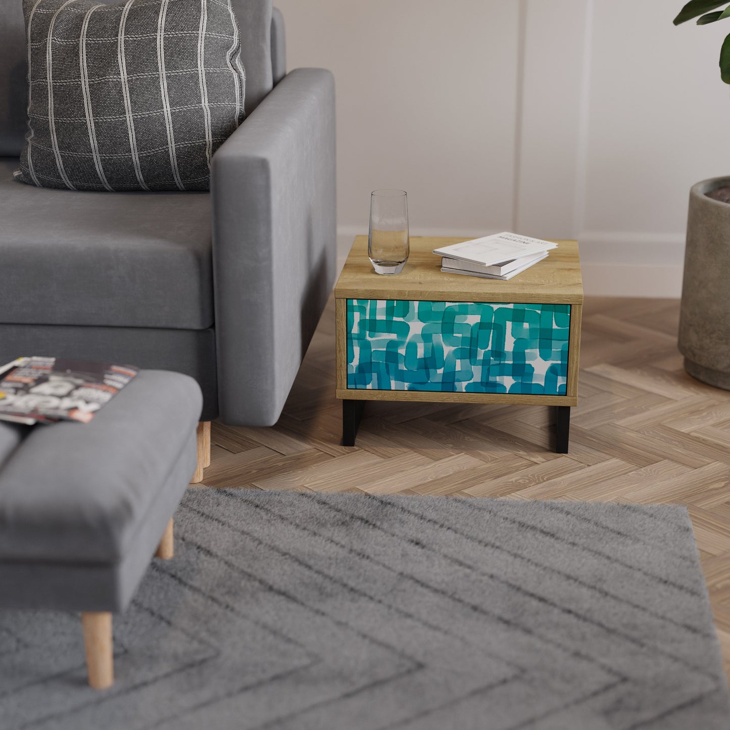 Comodino TURCHESE RETTANGOLI in effetto rovere