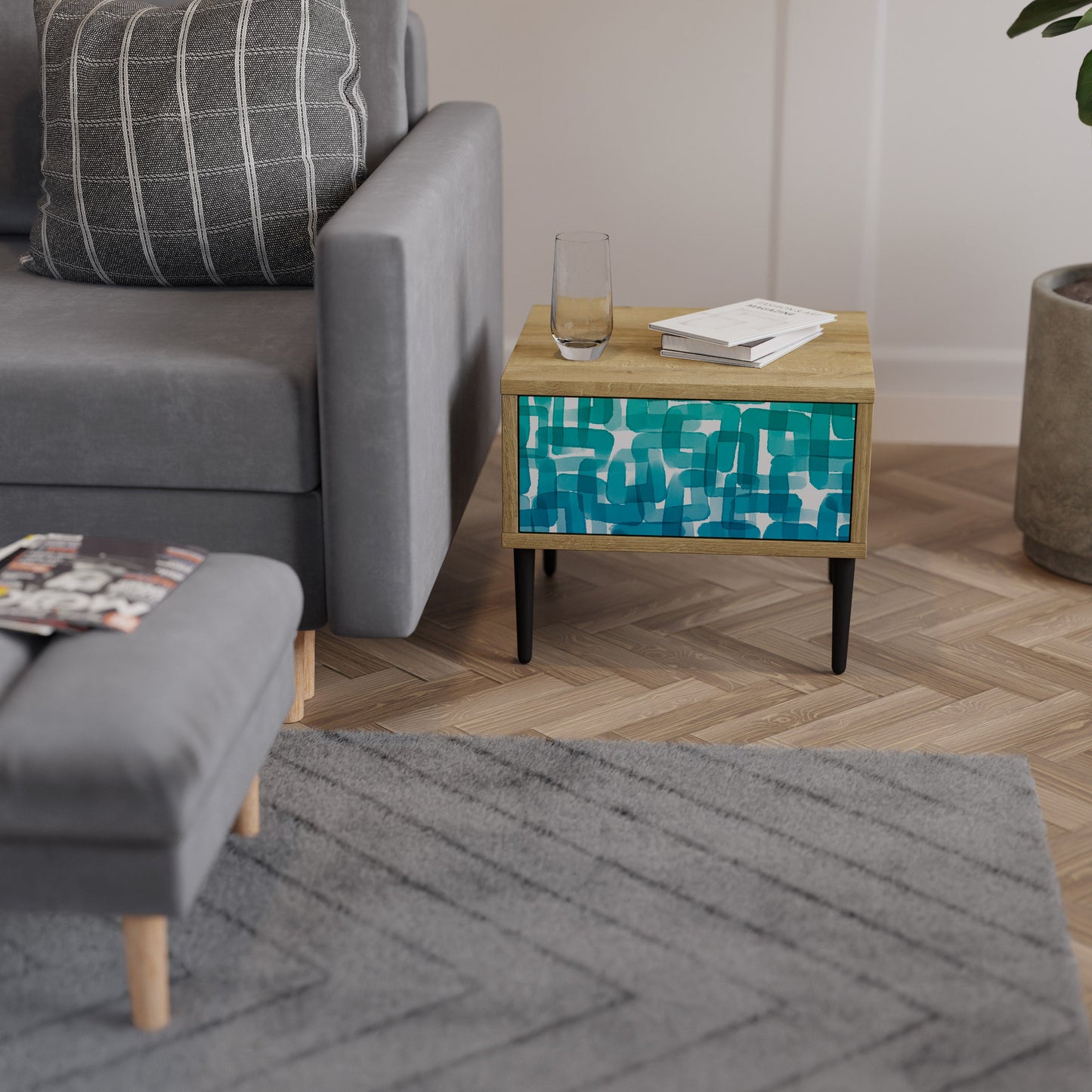 Comodino TURCHESE RETTANGOLI in effetto rovere