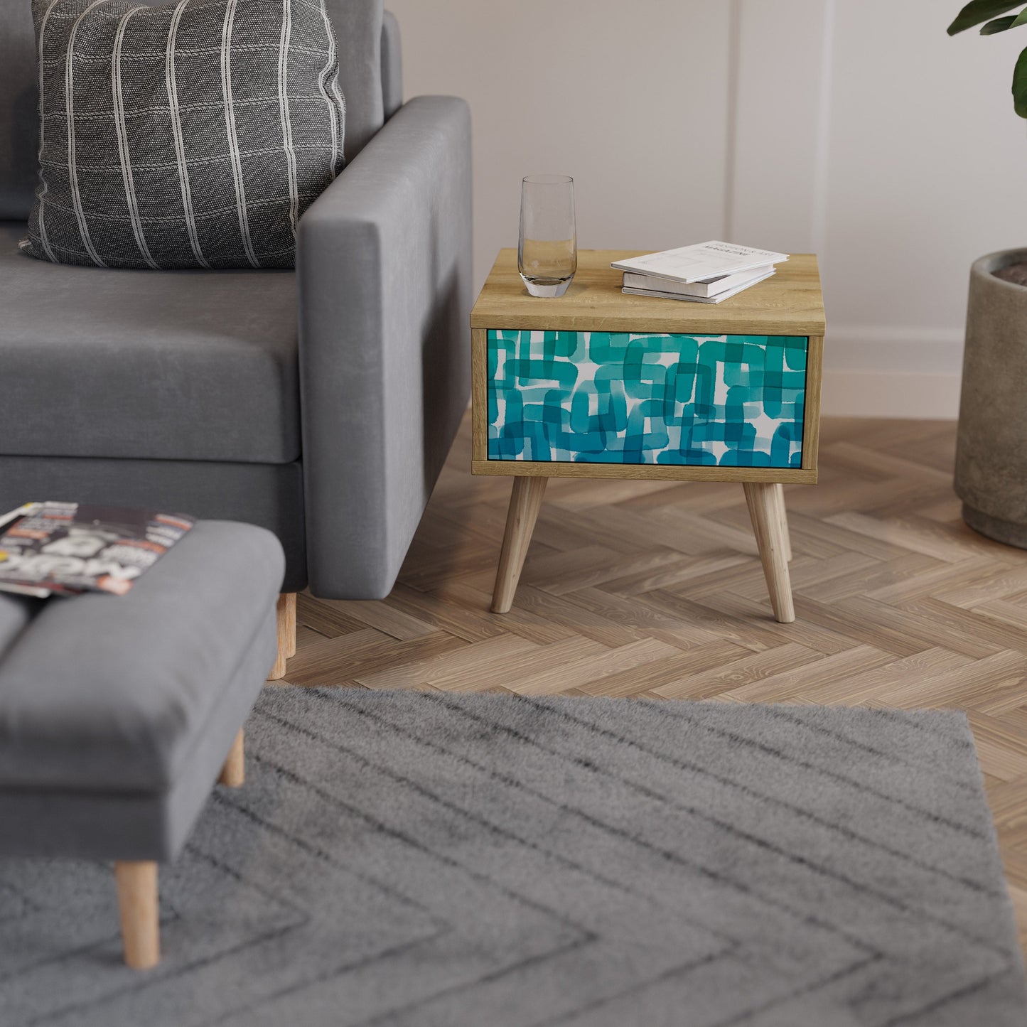 Comodino TURCHESE RETTANGOLI in effetto rovere