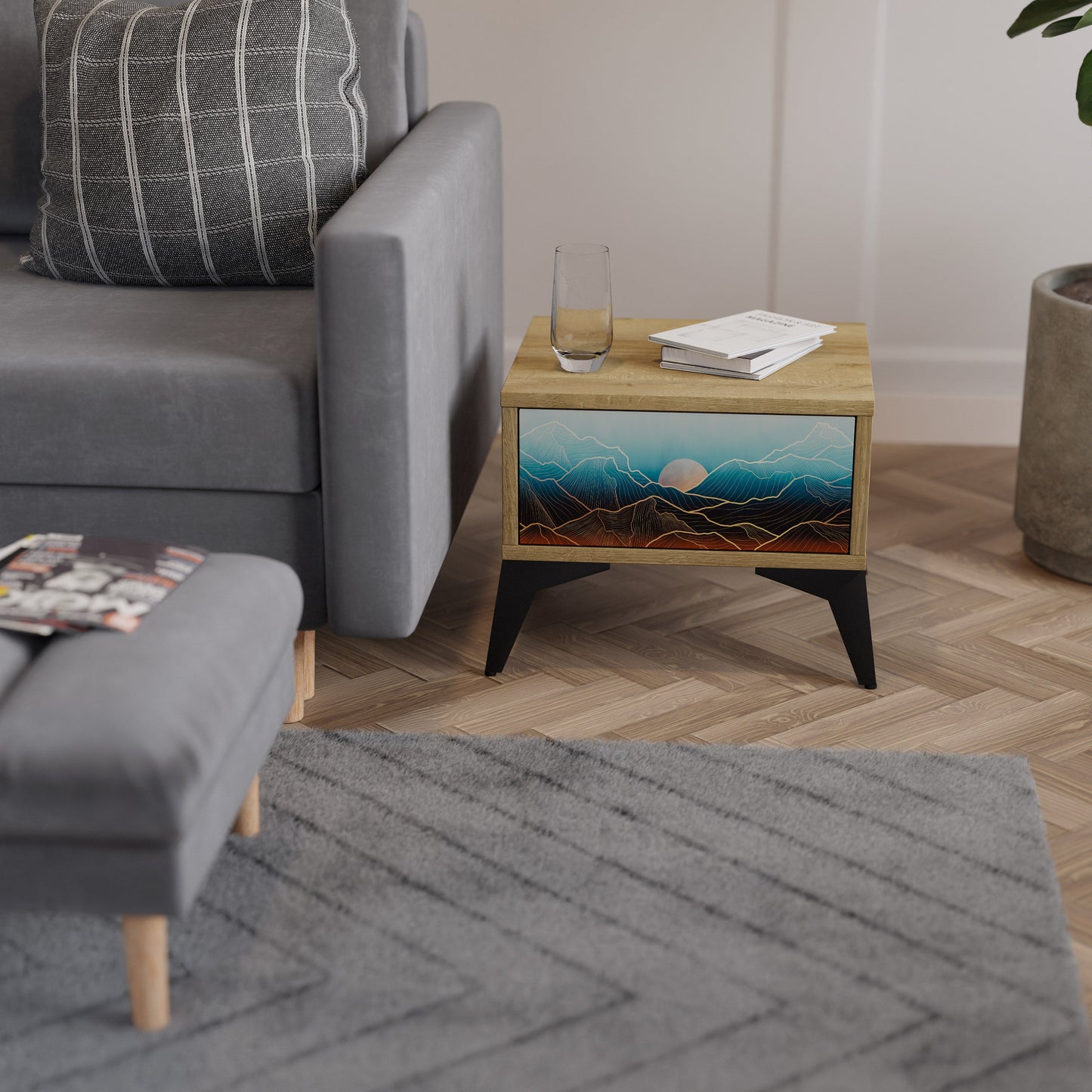 Comodino LUNAR SECRETS in effetto rovere