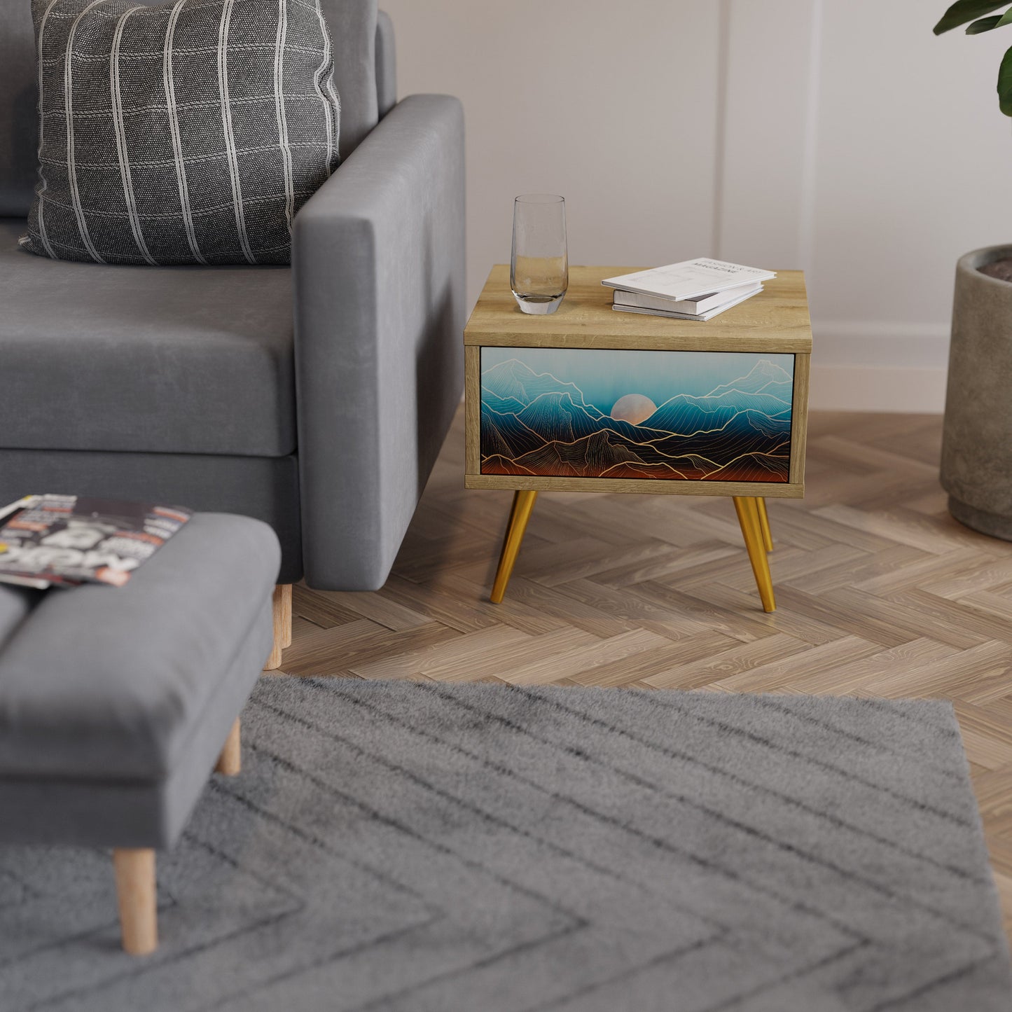 Comodino LUNAR SECRETS in effetto rovere