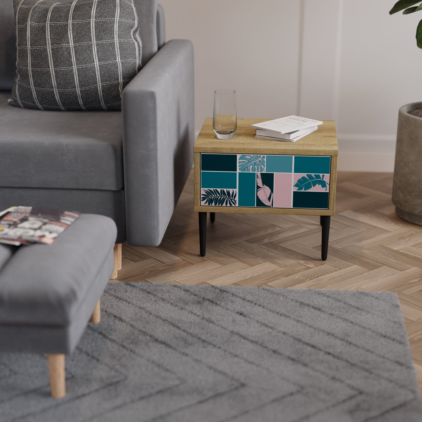 COMBINAZIONE DI FORME Comodino in effetto rovere