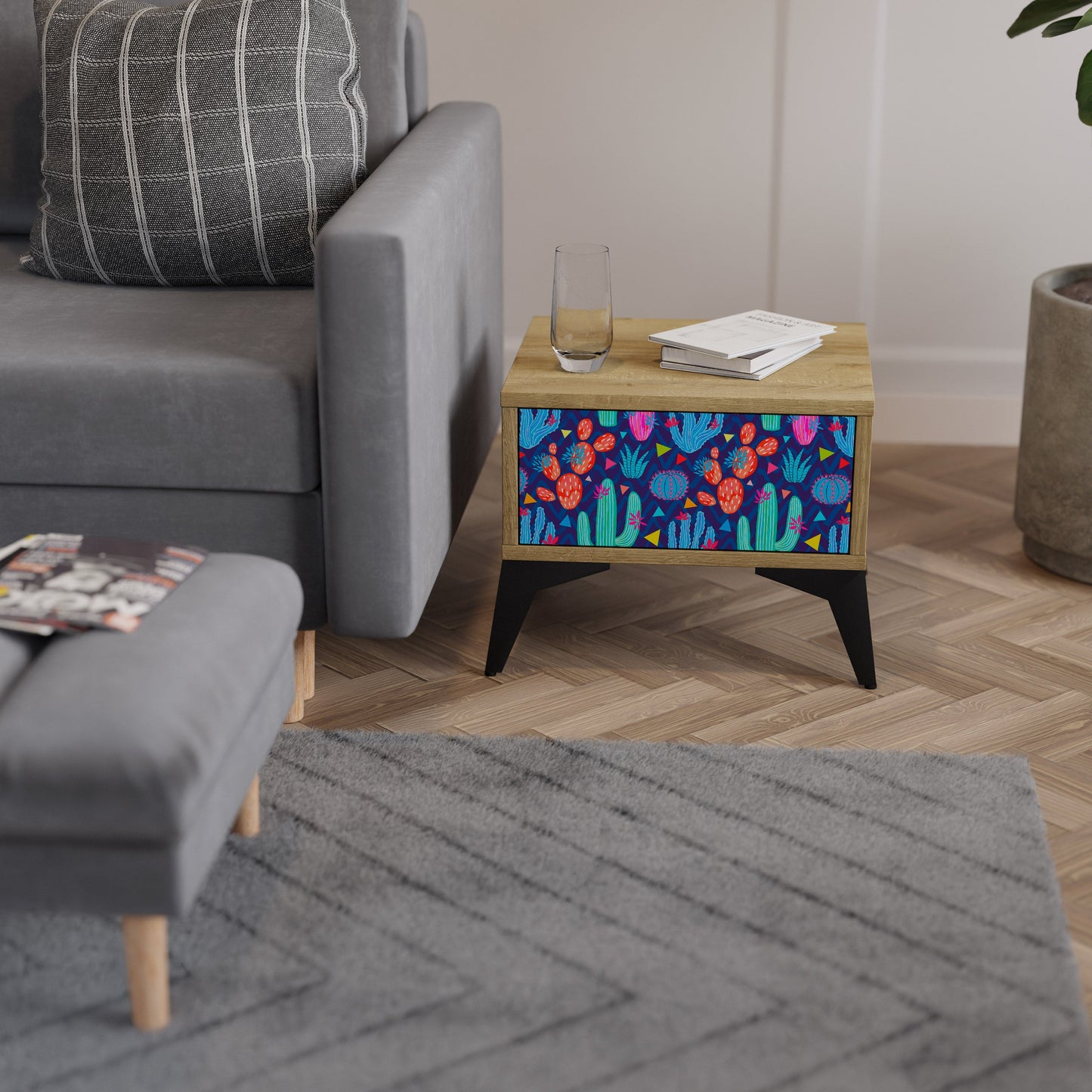 CACTUS VIBES Nightstand in Oak Effect