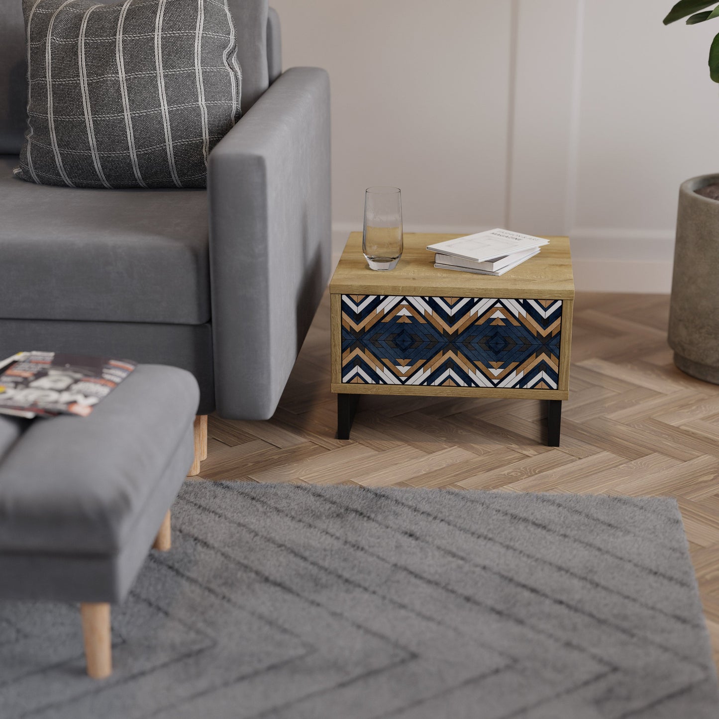 Comodino GEOMETRIA ARTISTICA in effetto rovere