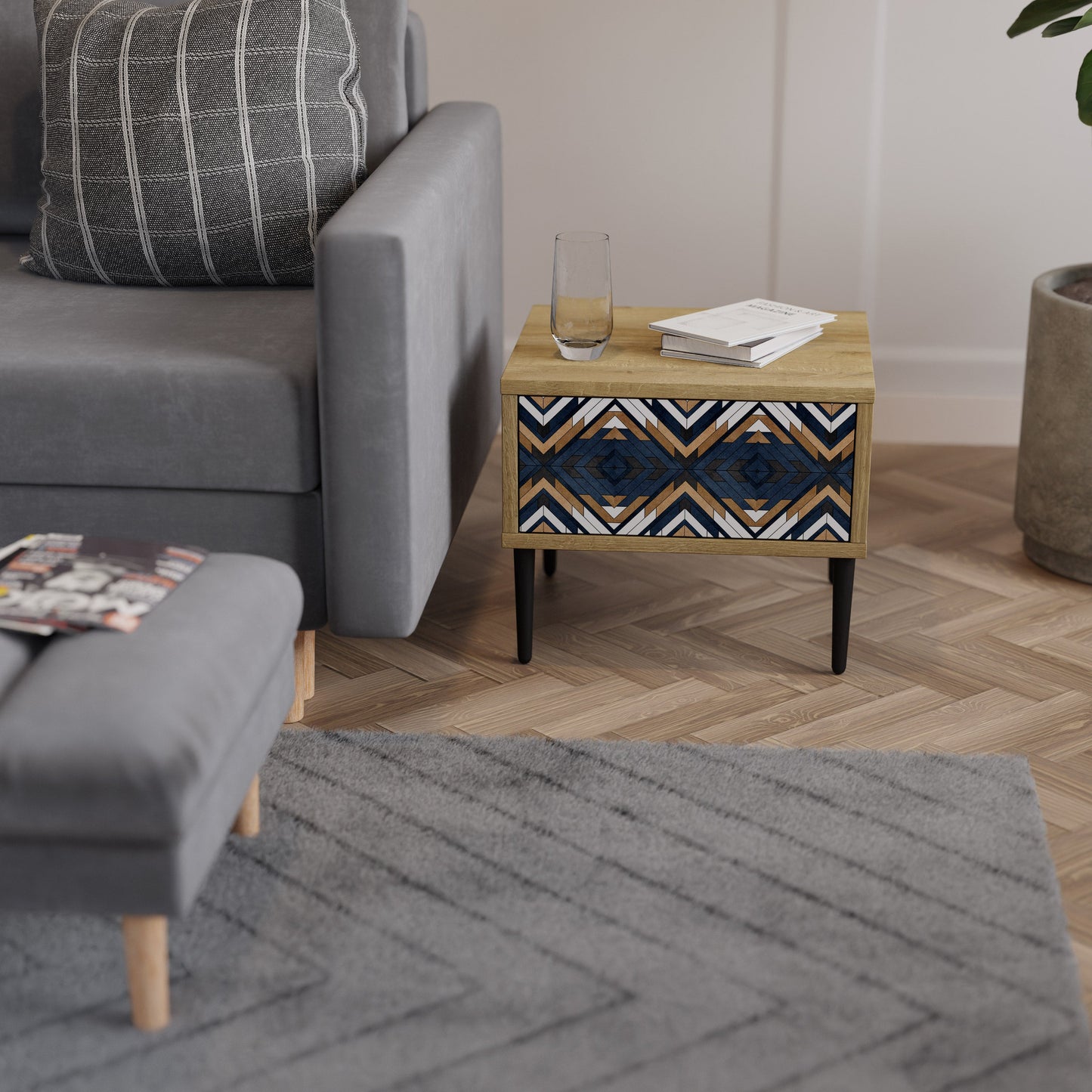 Comodino GEOMETRIA ARTISTICA in effetto rovere