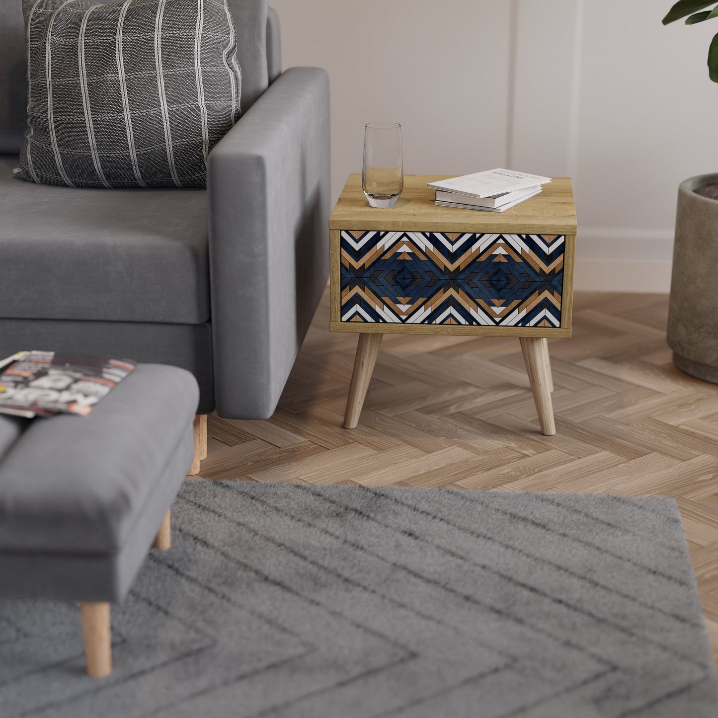 Comodino GEOMETRIA ARTISTICA in effetto rovere