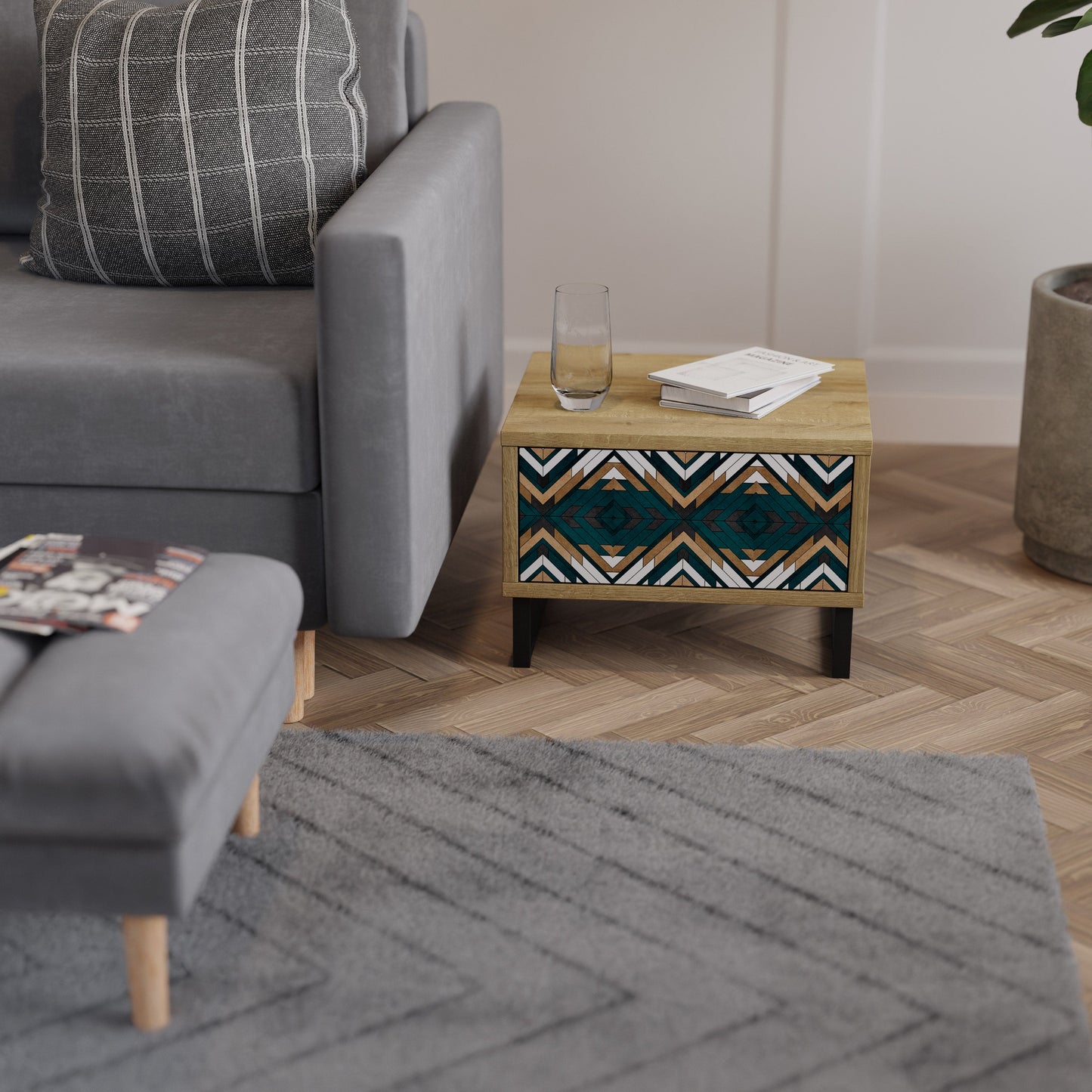 Comodino GEOMETRIA ARTISTICA in effetto rovere