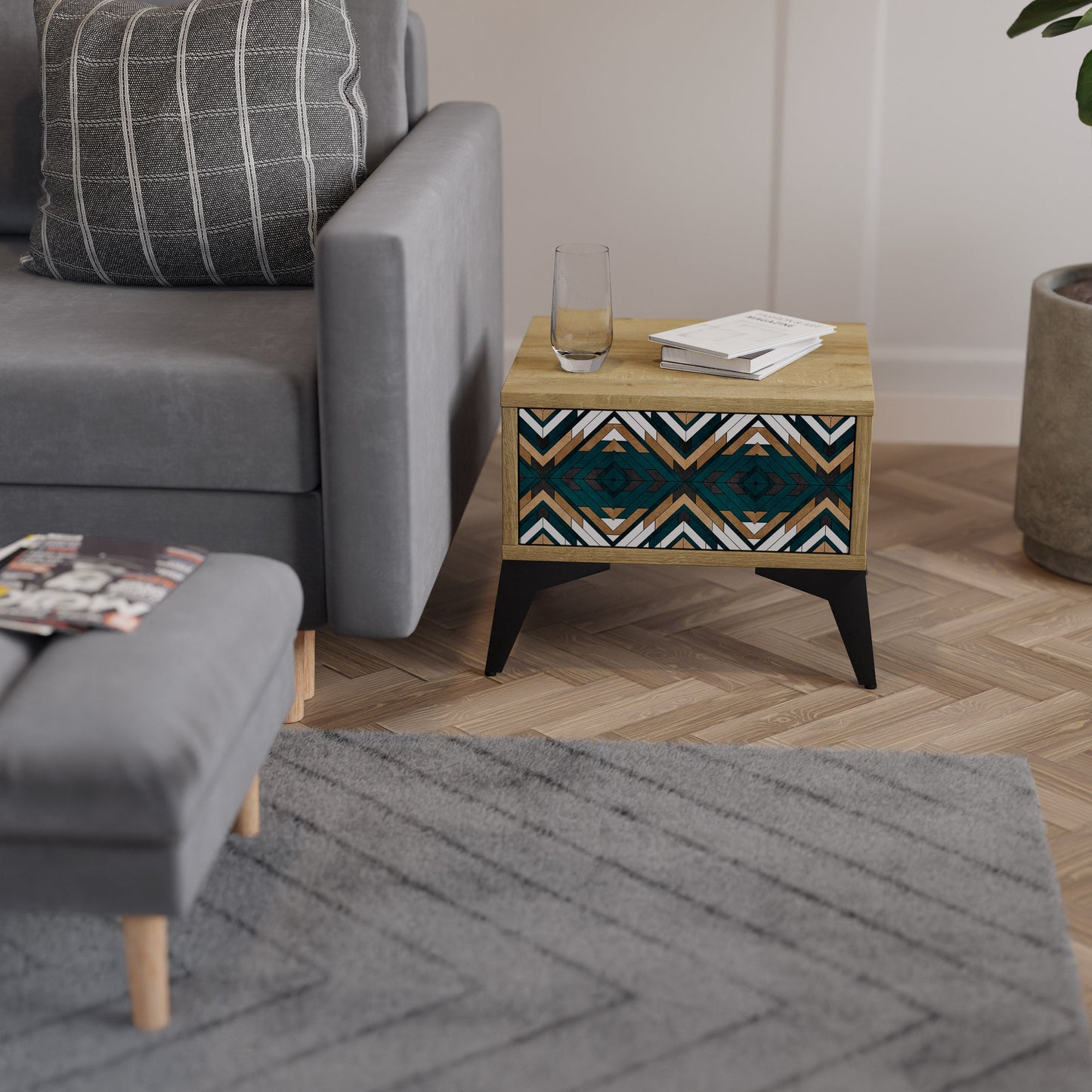 Comodino GEOMETRIA ARTISTICA in effetto rovere