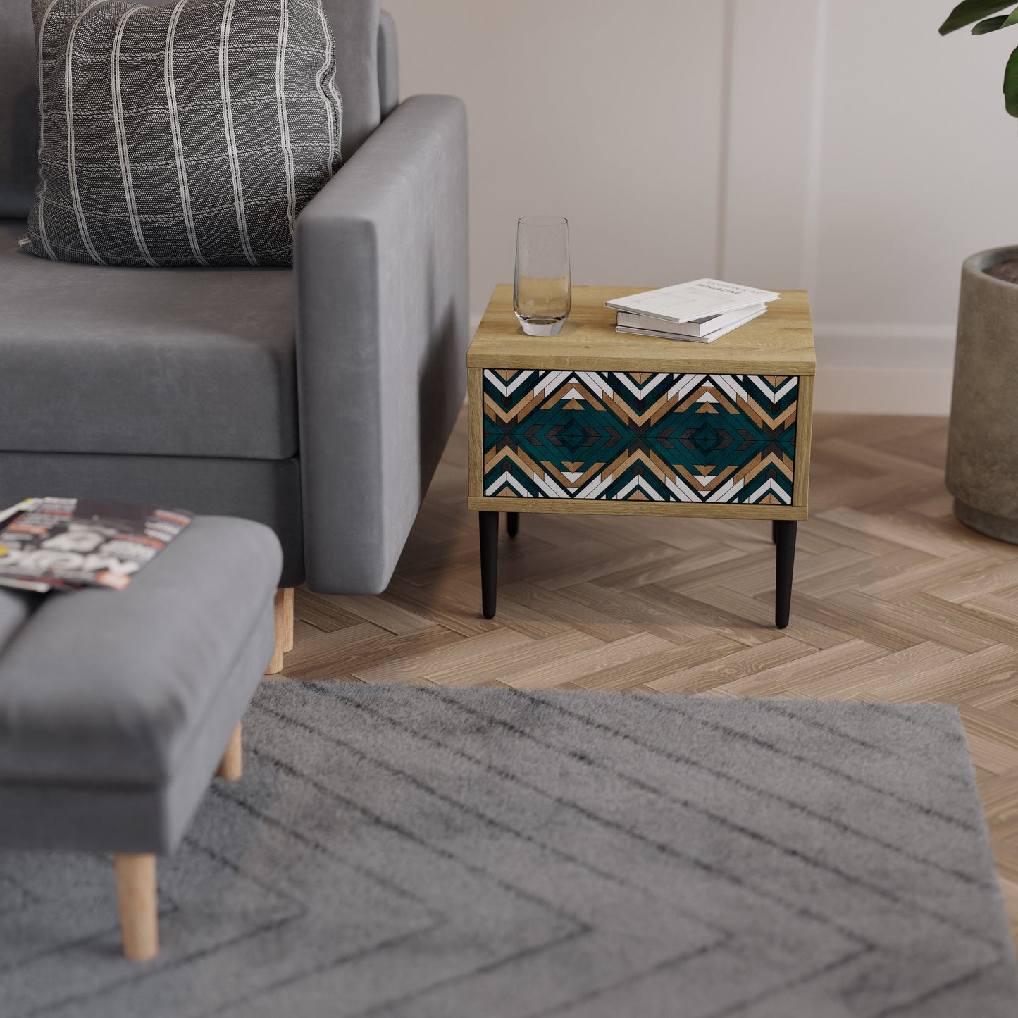 Comodino GEOMETRIA ARTISTICA in effetto rovere