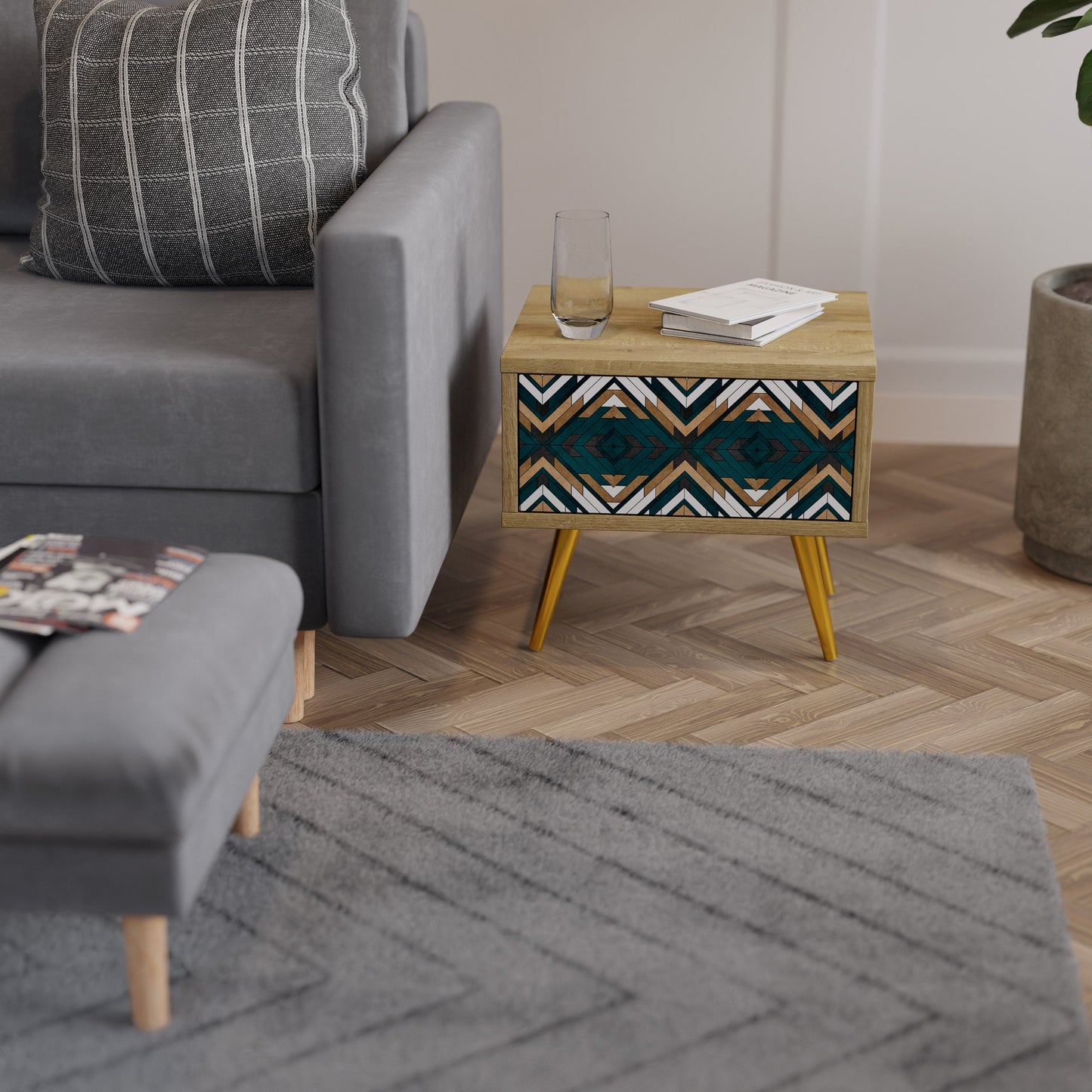 Comodino GEOMETRIA ARTISTICA in effetto rovere