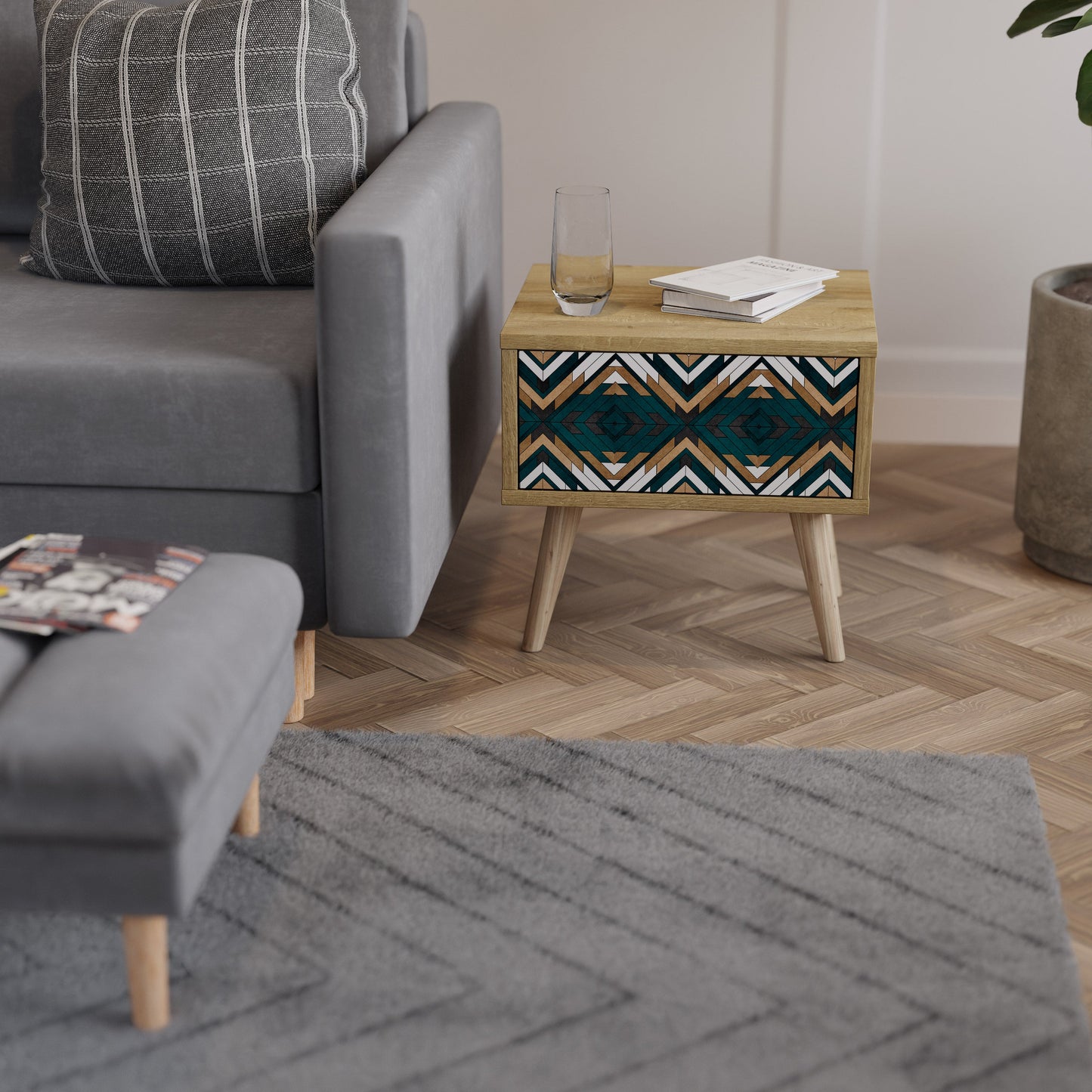 Comodino GEOMETRIA ARTISTICA in effetto rovere