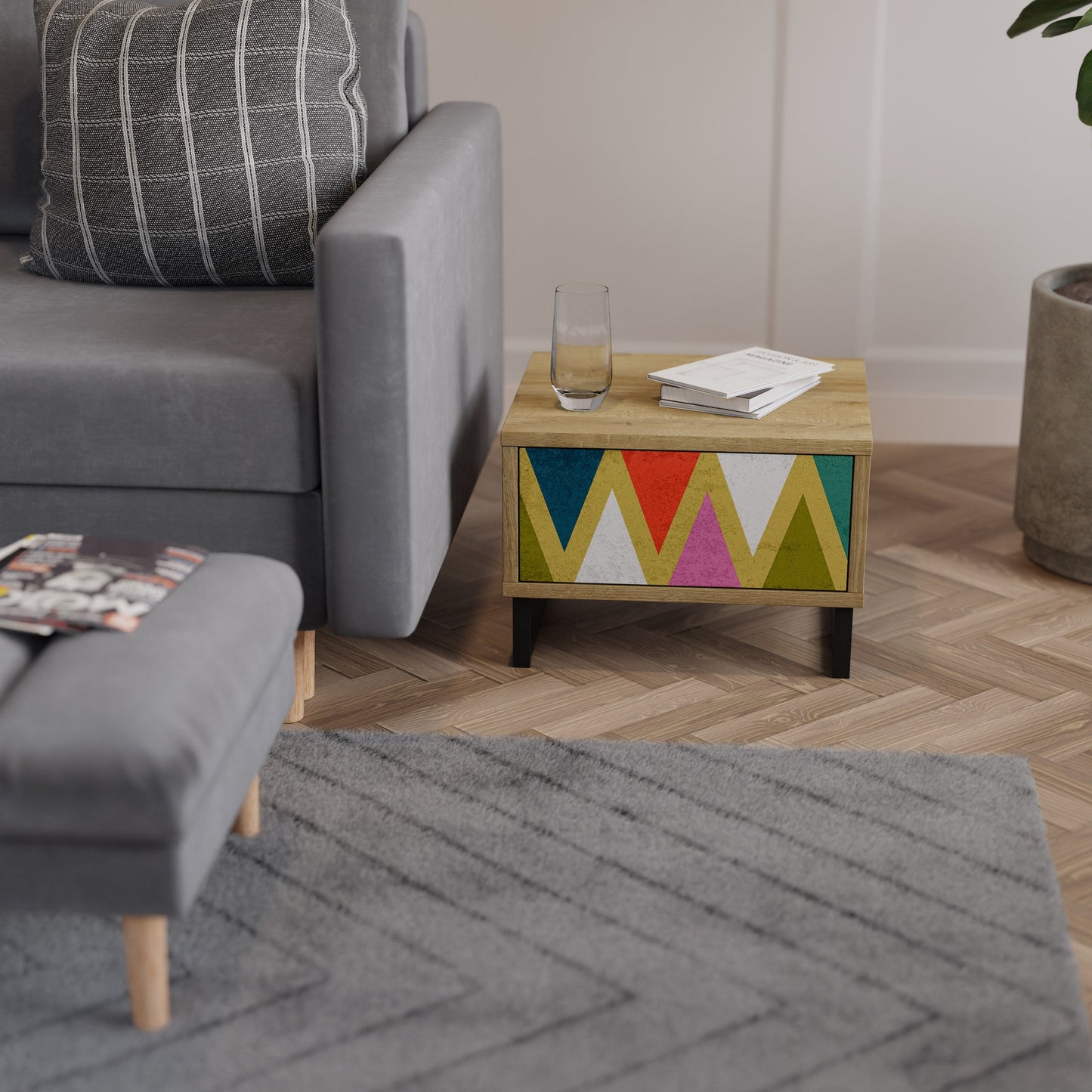 Comodino TRIANGOLI COLORATI in effetto rovere