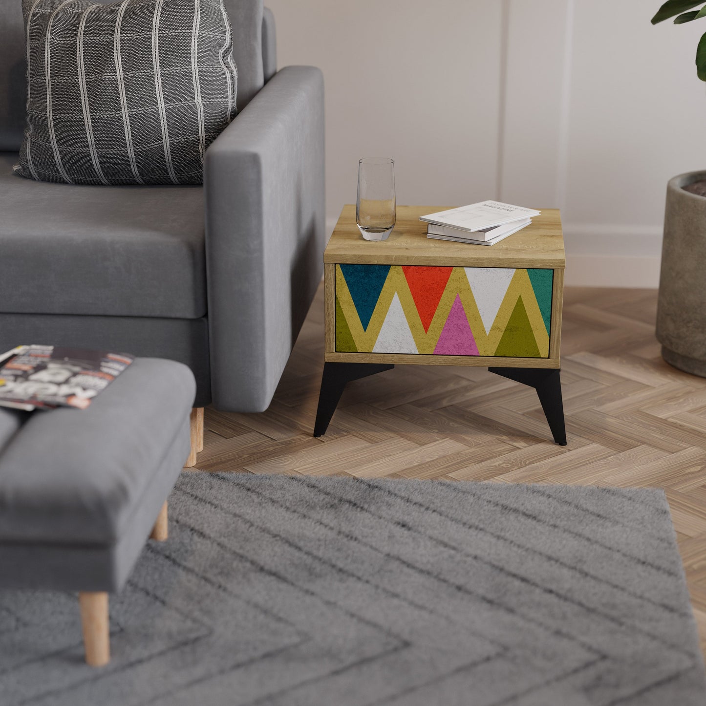 Comodino TRIANGOLI COLORATI in effetto rovere