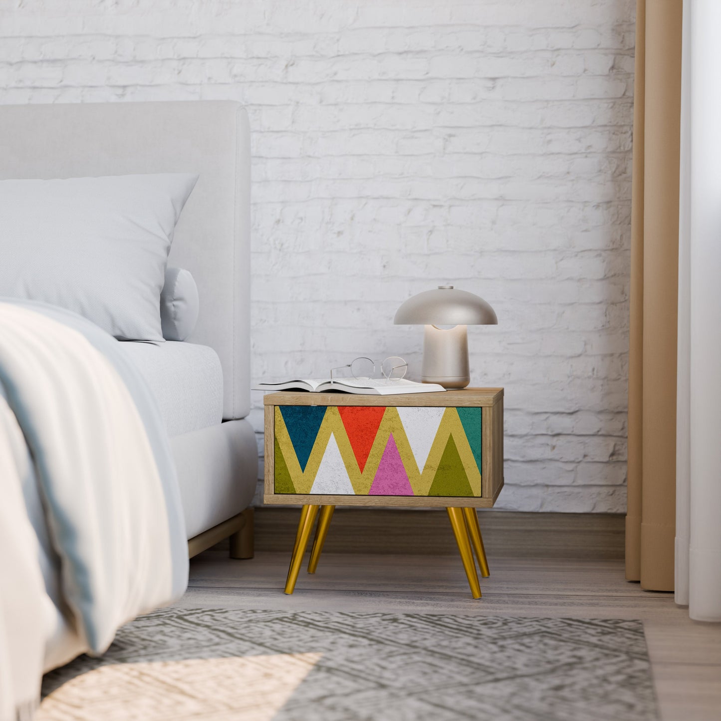 Comodino TRIANGOLI COLORATI in effetto rovere