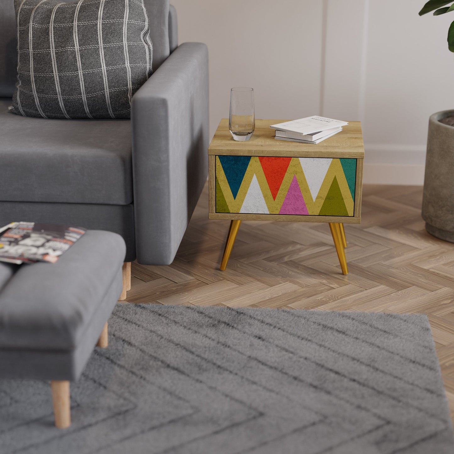 Comodino TRIANGOLI COLORATI in effetto rovere