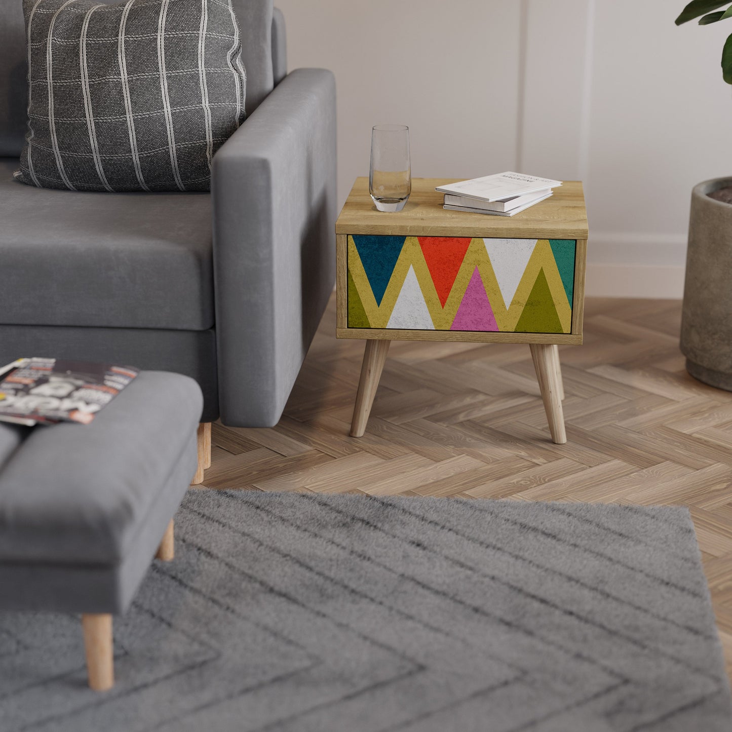 Comodino TRIANGOLI COLORATI in effetto rovere