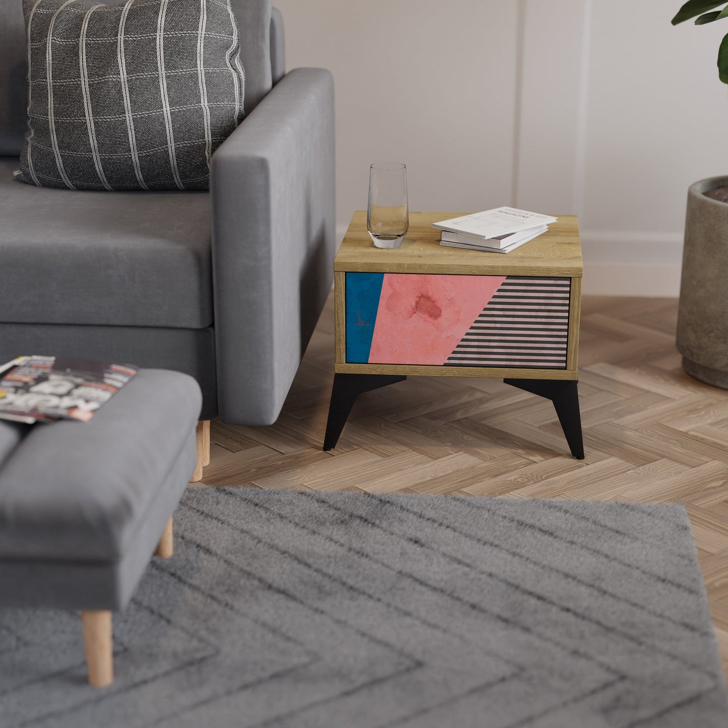 GLAMOROUS STRIPE Nightstand in Oak Effect