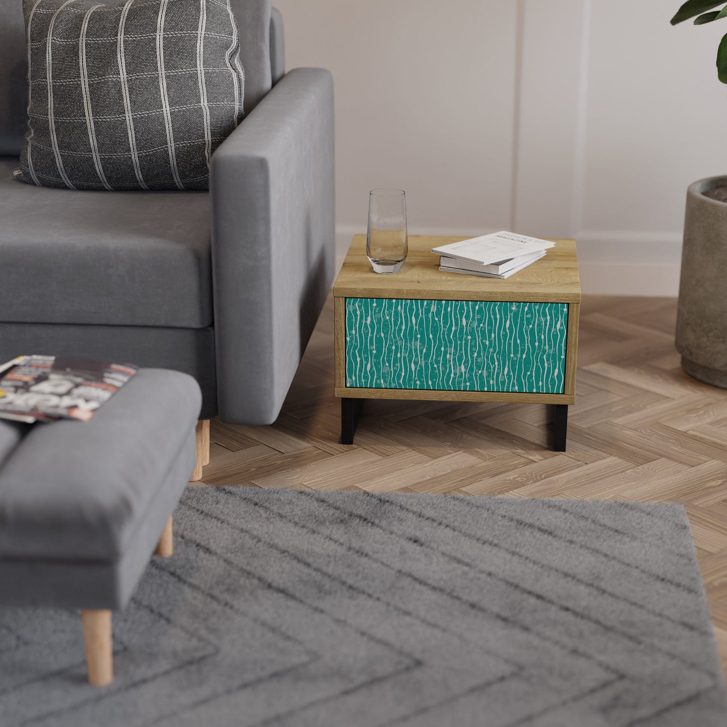 Comodino TURQUOISE RAIN in effetto rovere