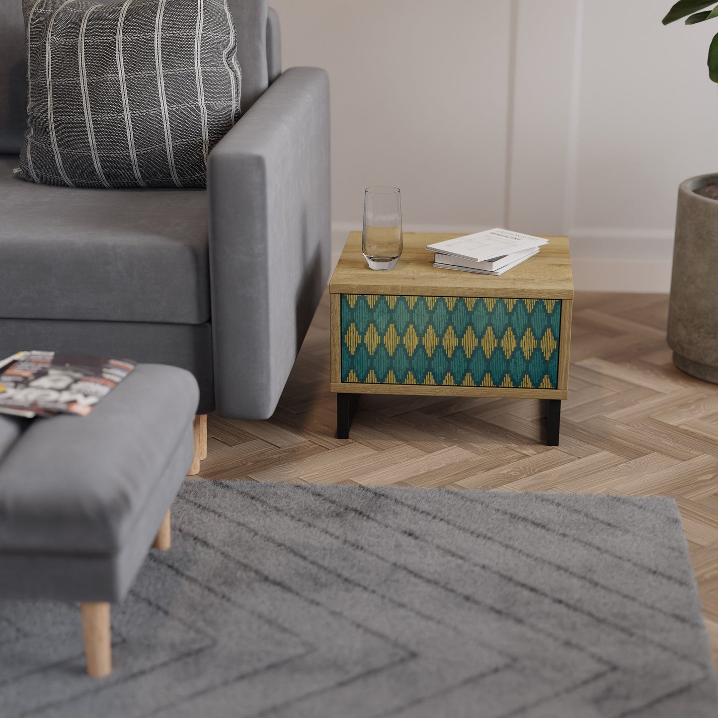 Comodino POLYGONS in effetto rovere