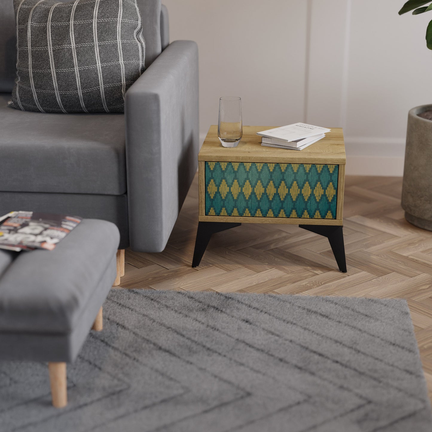 Comodino POLYGONS in effetto rovere