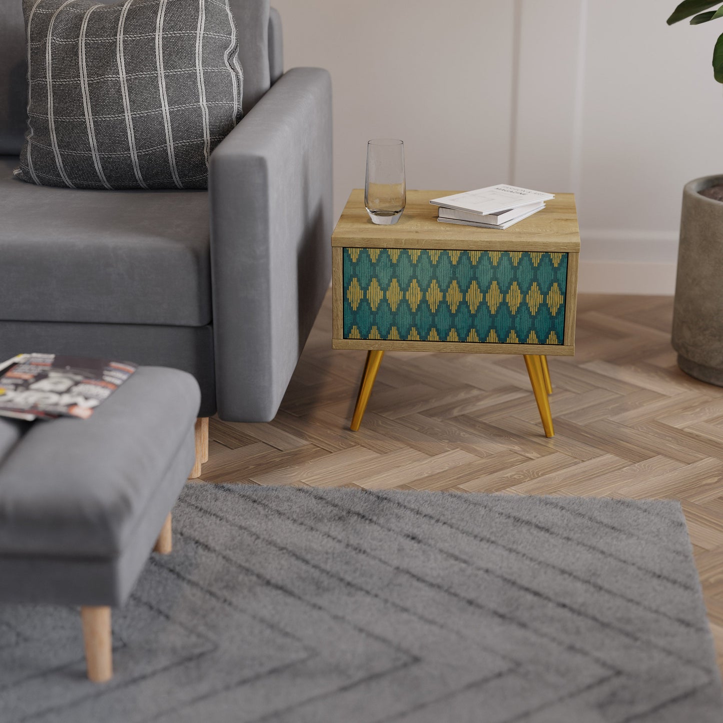 Comodino POLYGONS in effetto rovere