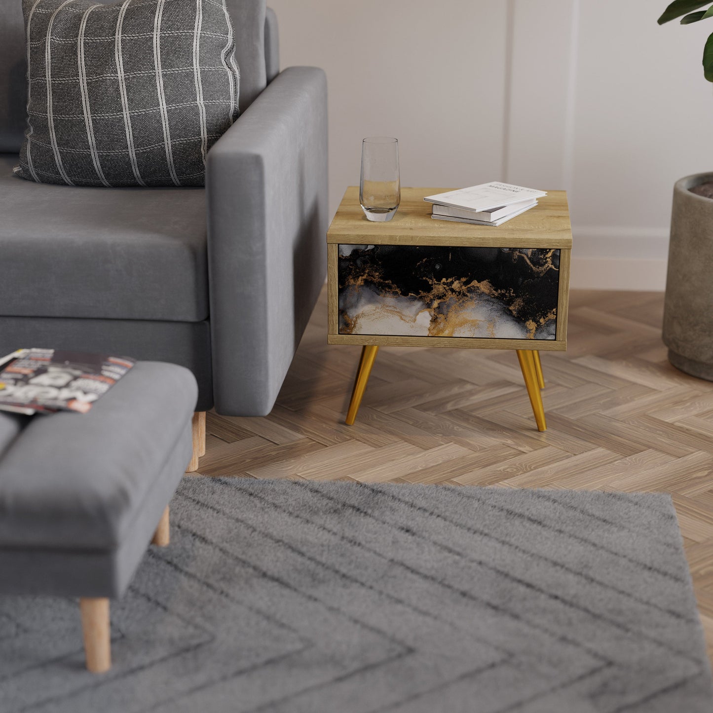 MARBLE OF TOMMORROW Nightstand in Oak Effect