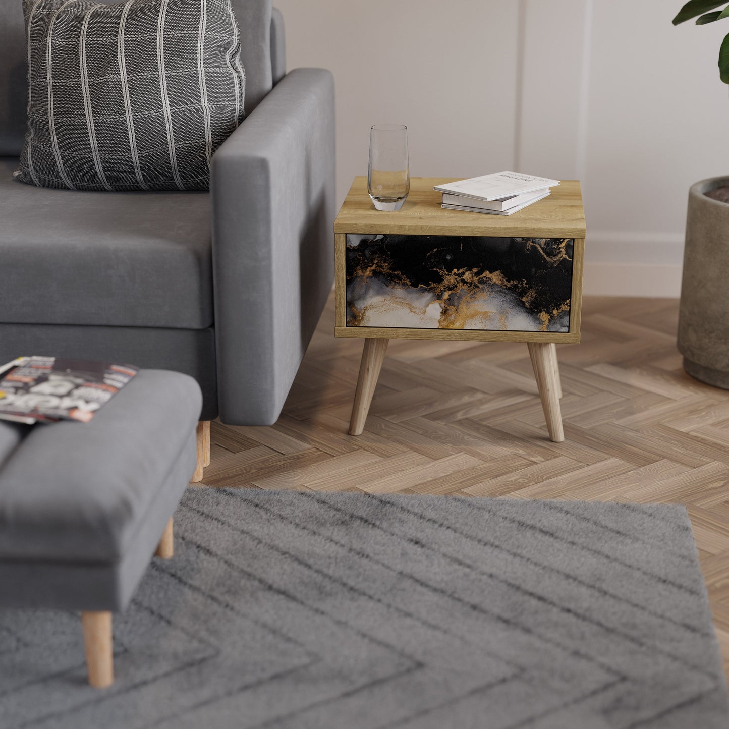 MARBLE OF TOMMORROW Nightstand in Oak Effect