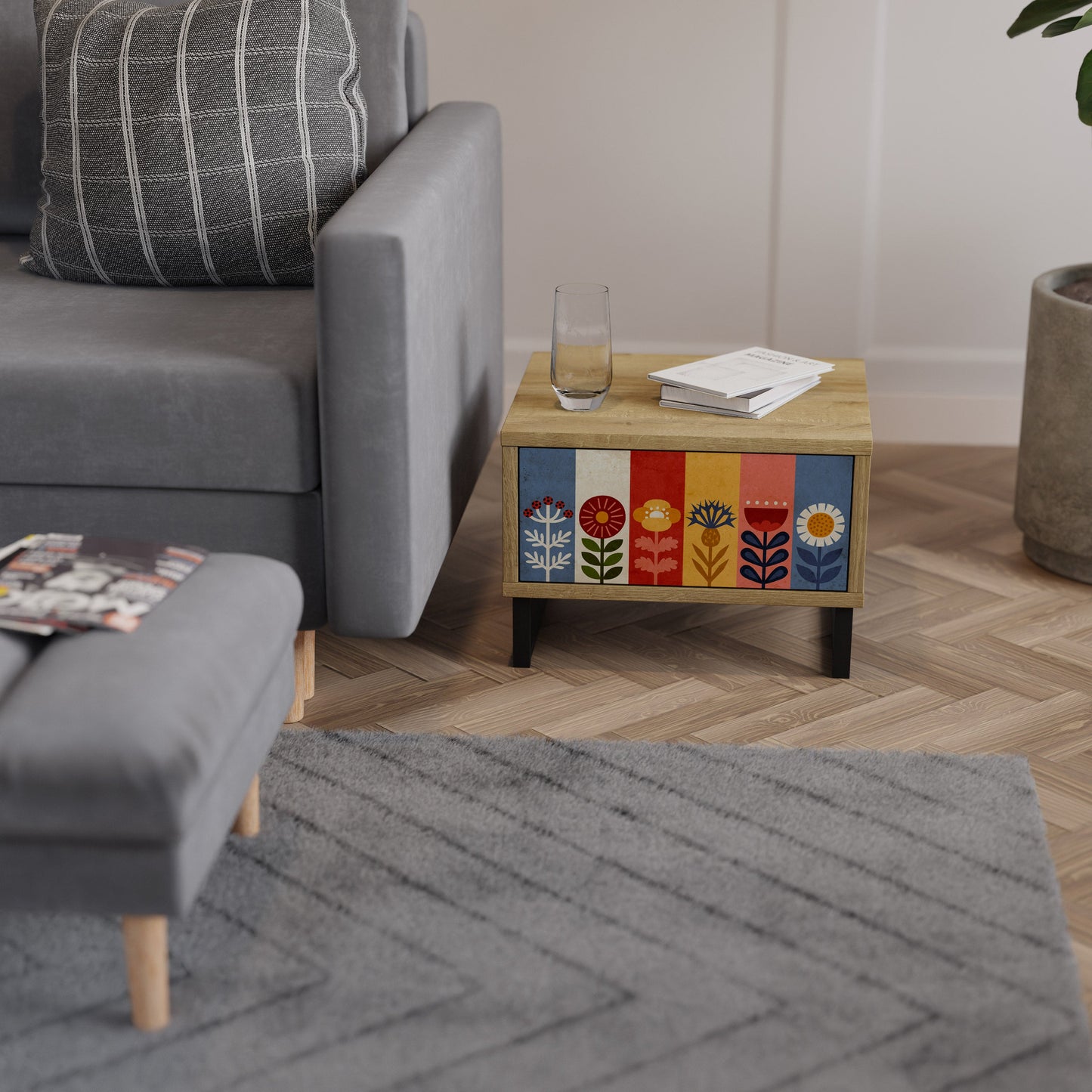 Comodino SCANDIC FLOWERET in effetto rovere
