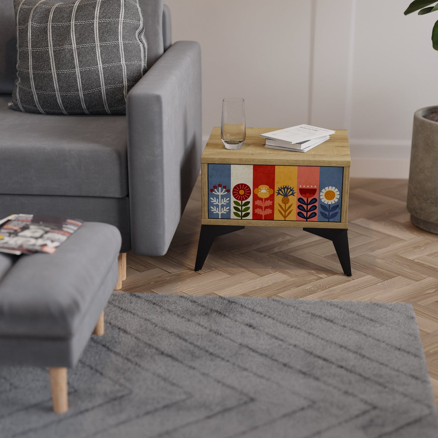 Comodino SCANDIC FLOWERET in effetto rovere