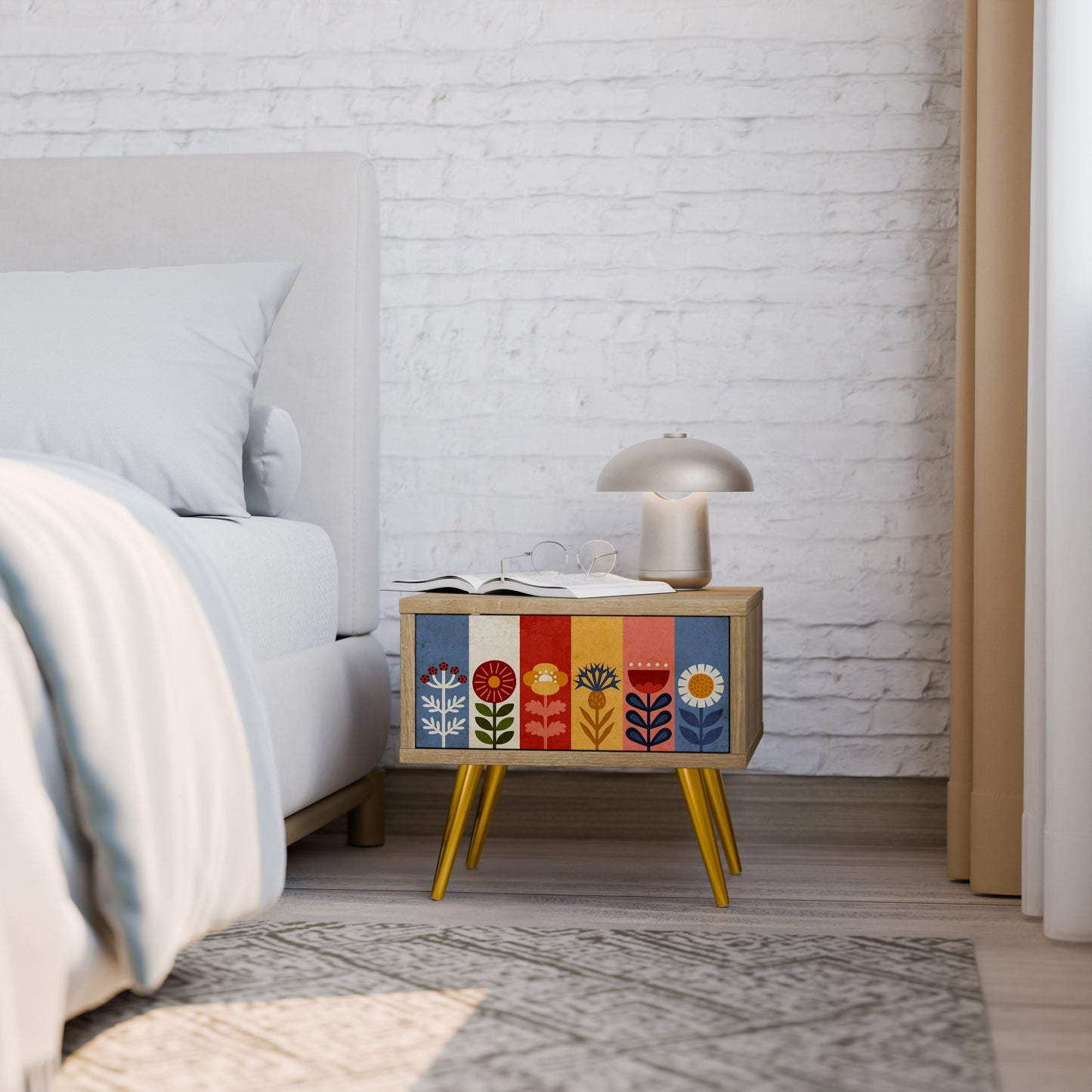Comodino SCANDIC FLOWERET in effetto rovere