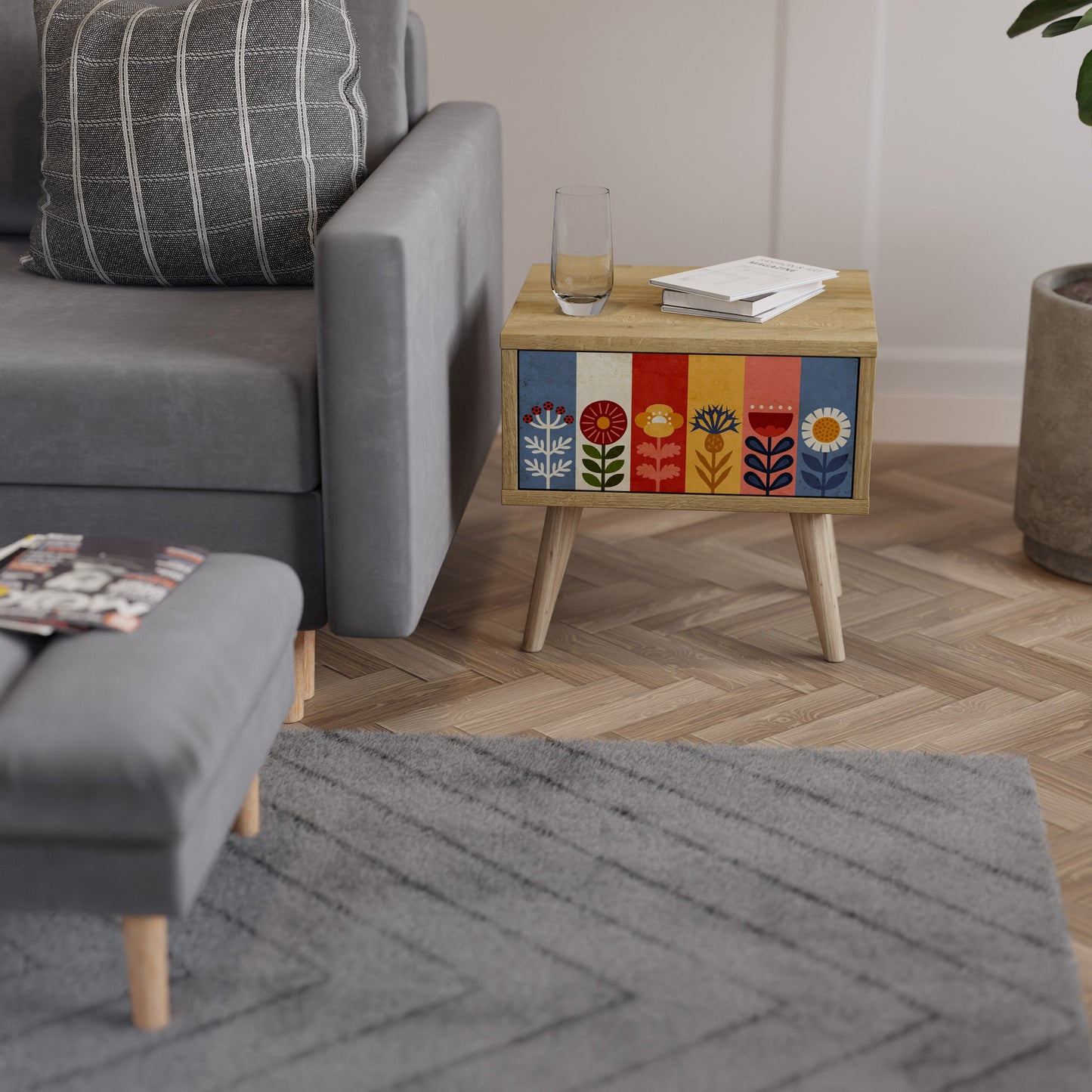 Comodino SCANDIC FLOWERET in effetto rovere