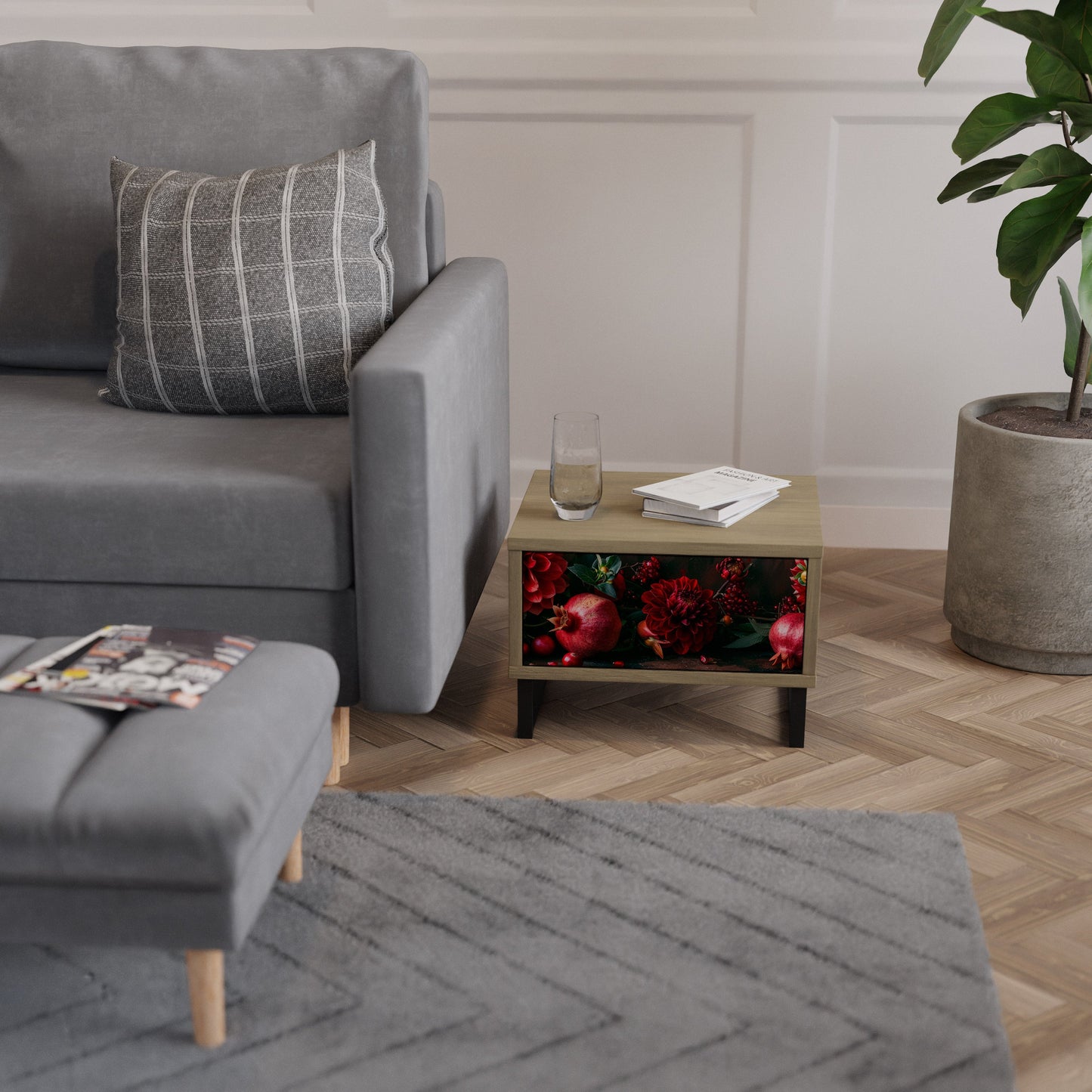 Comodino DAHLIAS AND POMEGRANATES in effetto rovere