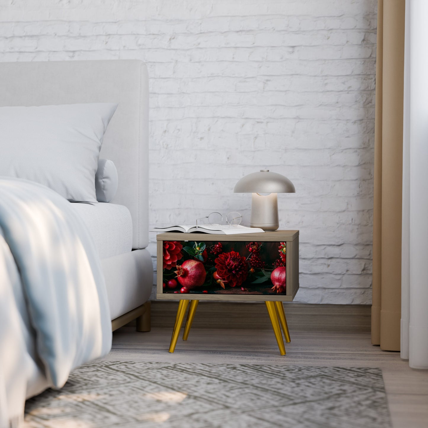 Comodino DAHLIAS AND POMEGRANATES in effetto rovere