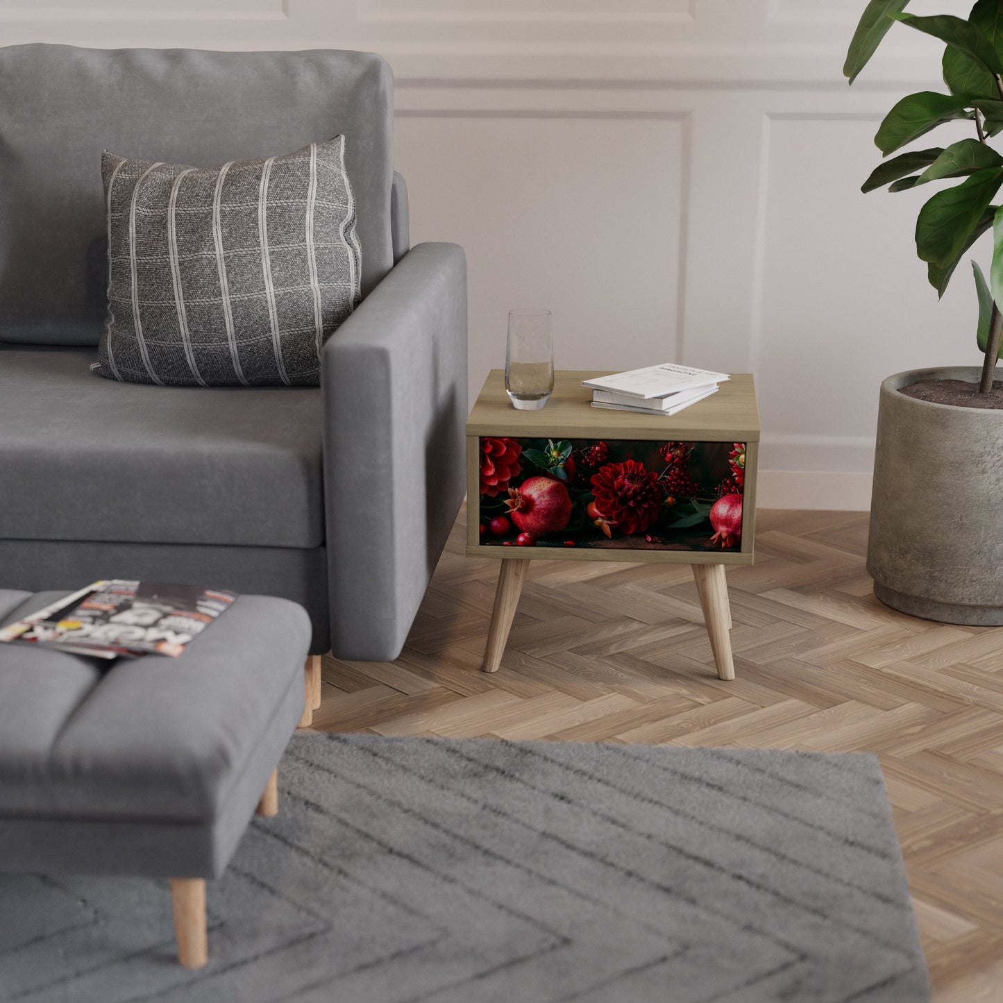 Comodino DAHLIAS AND POMEGRANATES in effetto rovere