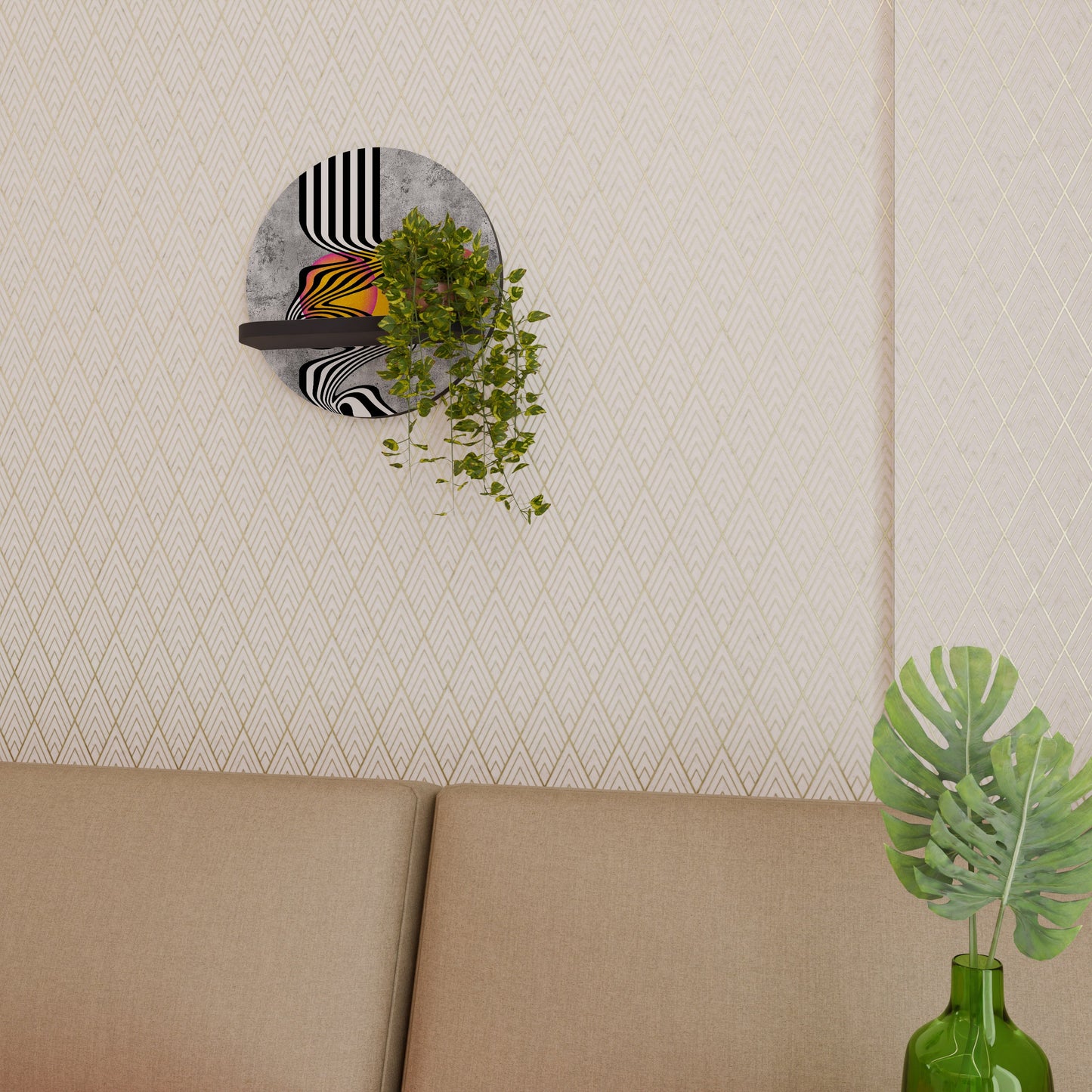 WHIMSICAL WAVES Round Art Shelf In Black Finish