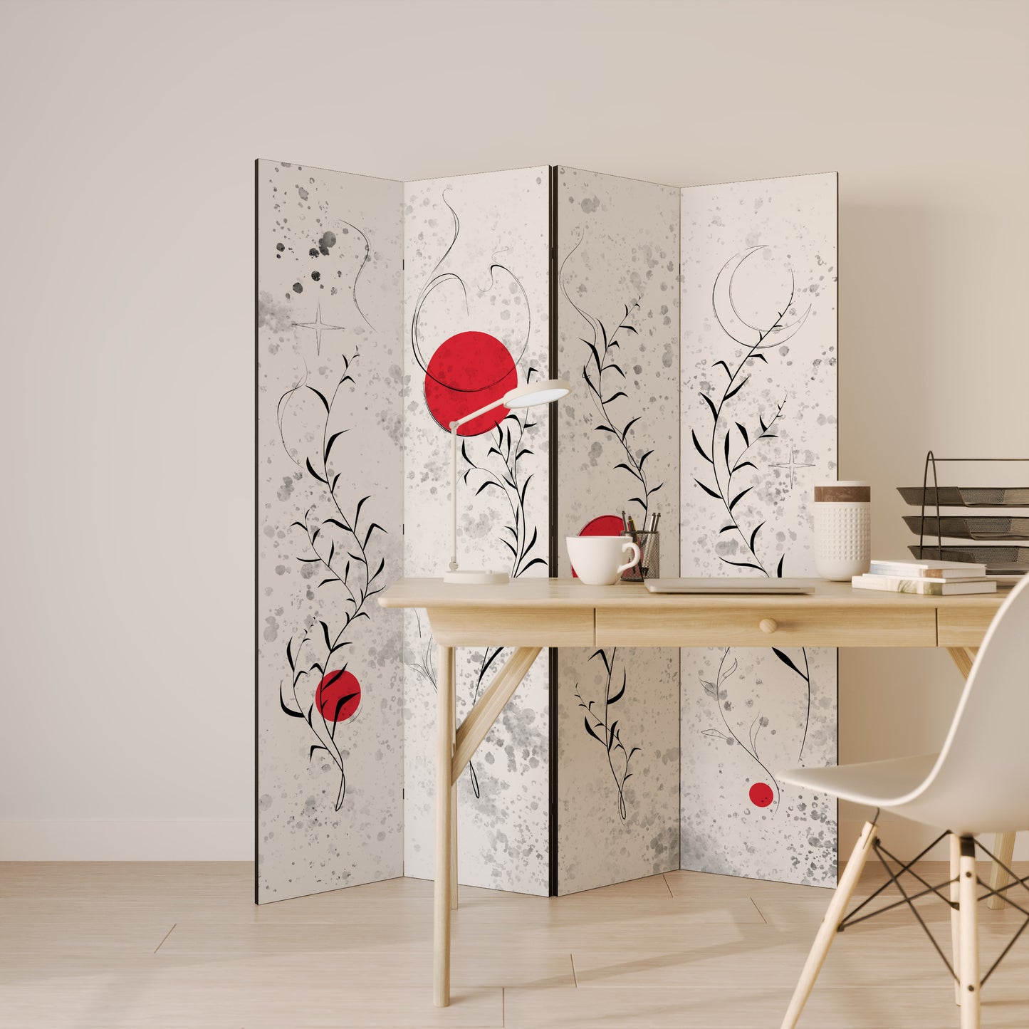 DIVISORIO DECORATIVO A 4 PANNELLI "RED WHISPERS IN FOLIAGE"