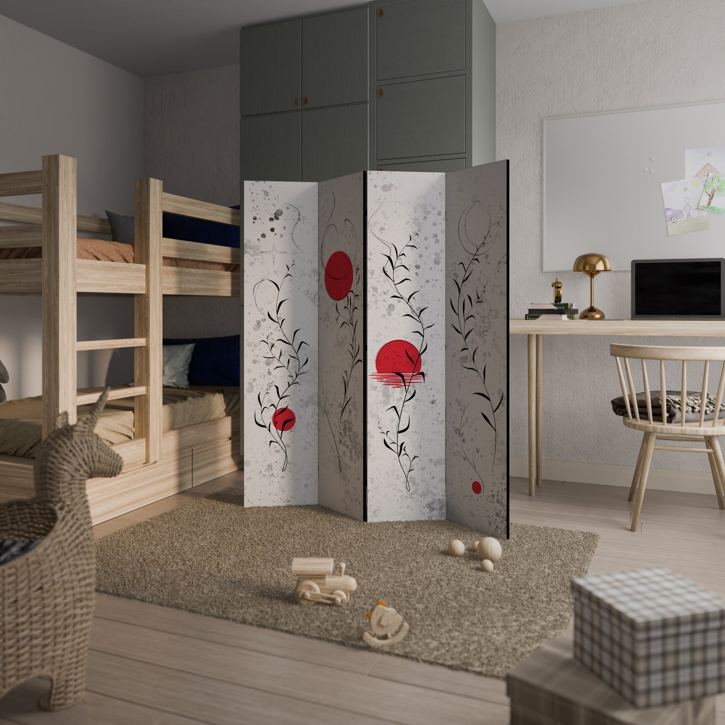 DIVISORIO DECORATIVO A 4 PANNELLI "RED WHISPERS IN FOLIAGE"