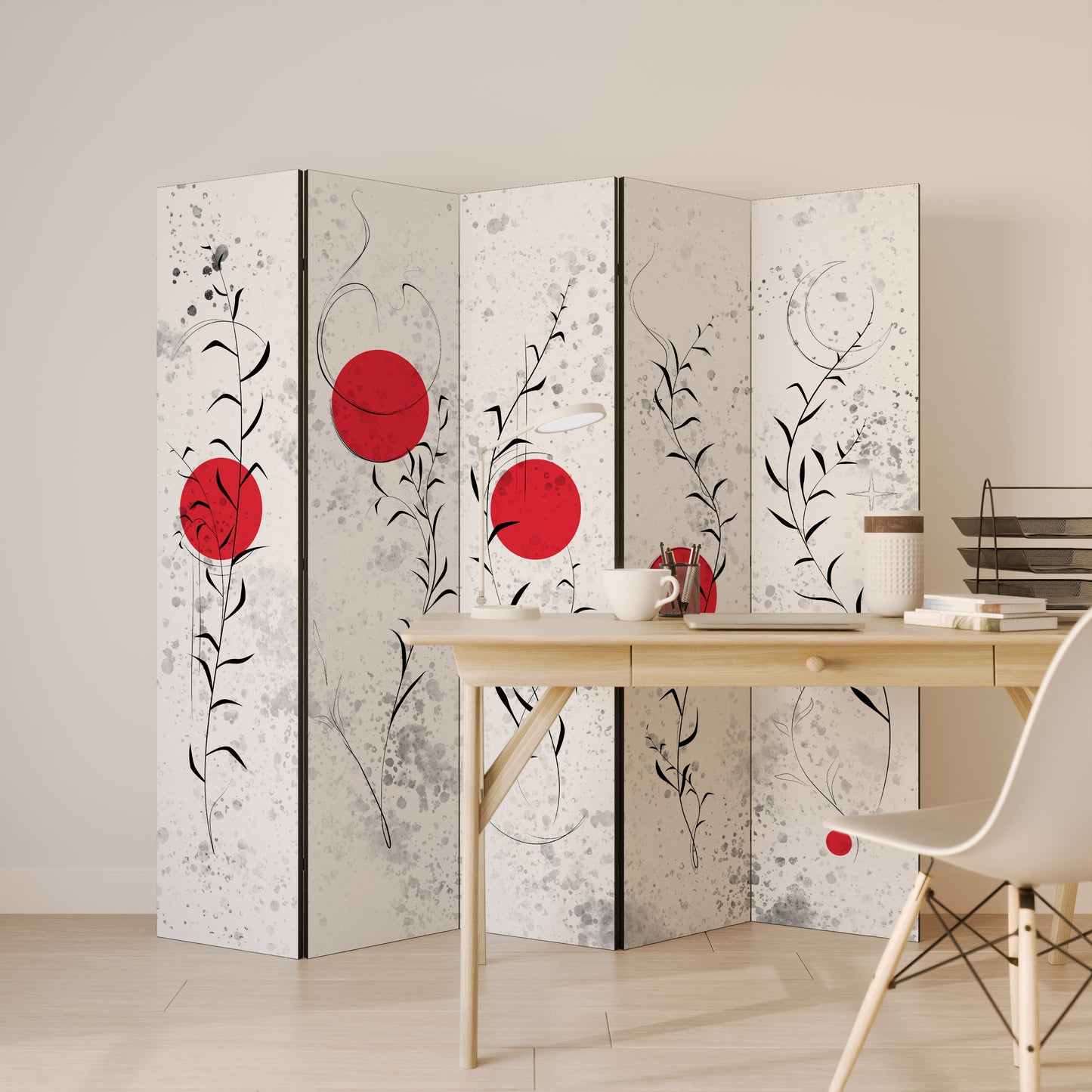 Divisorio decorativo per ambienti a 5 pannelli "RED WHISPERS IN FOLIAGE"