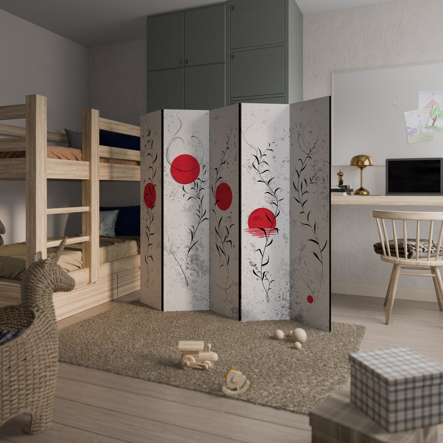 Divisorio decorativo per ambienti a 5 pannelli "RED WHISPERS IN FOLIAGE"