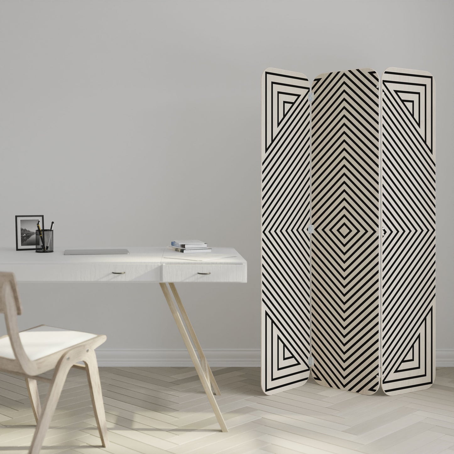 Divisorio per ambienti in compensato a 3 pannelli POLYGON ILLUSION