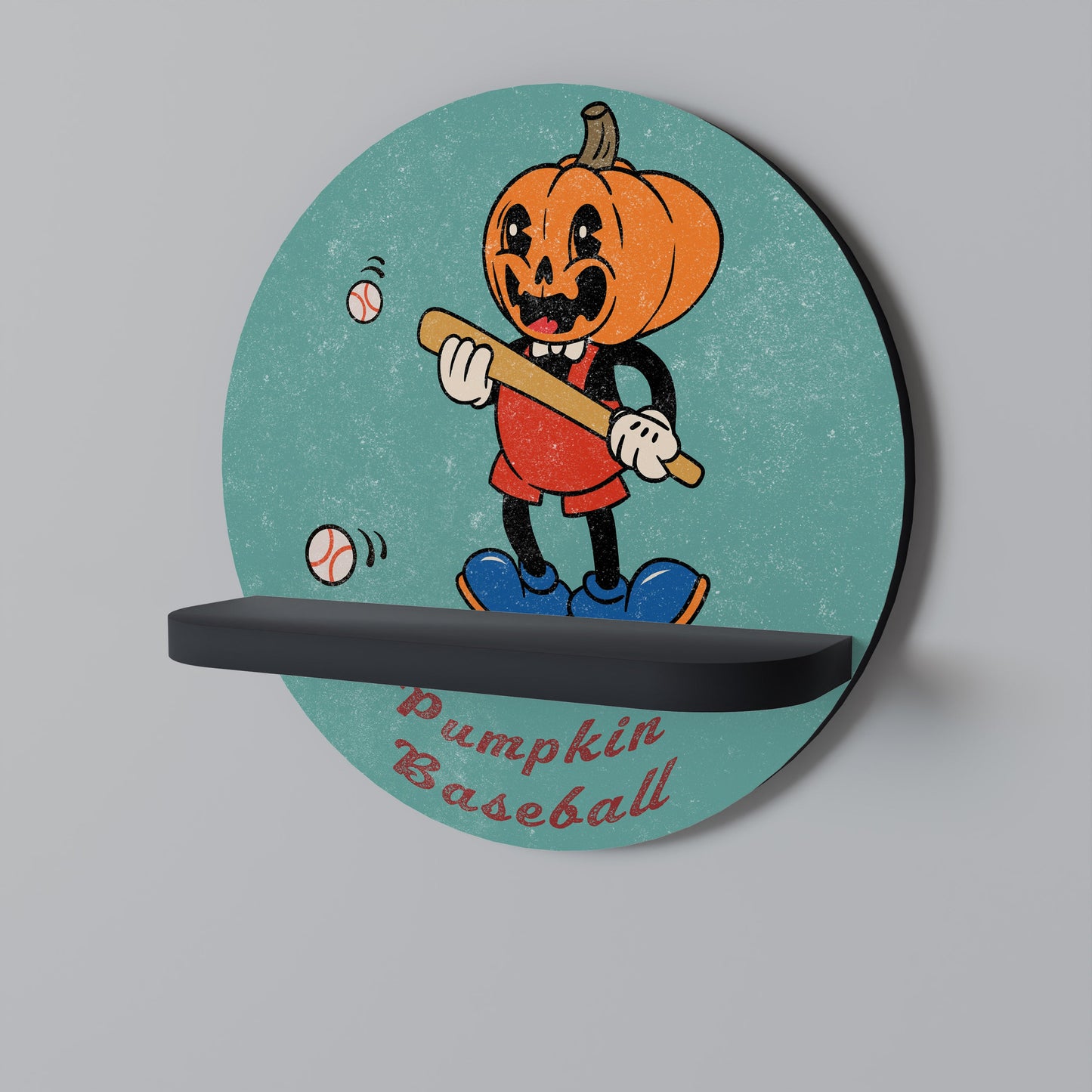 PUMPKIN BASEBALL Round Art Shelf In Black Finish