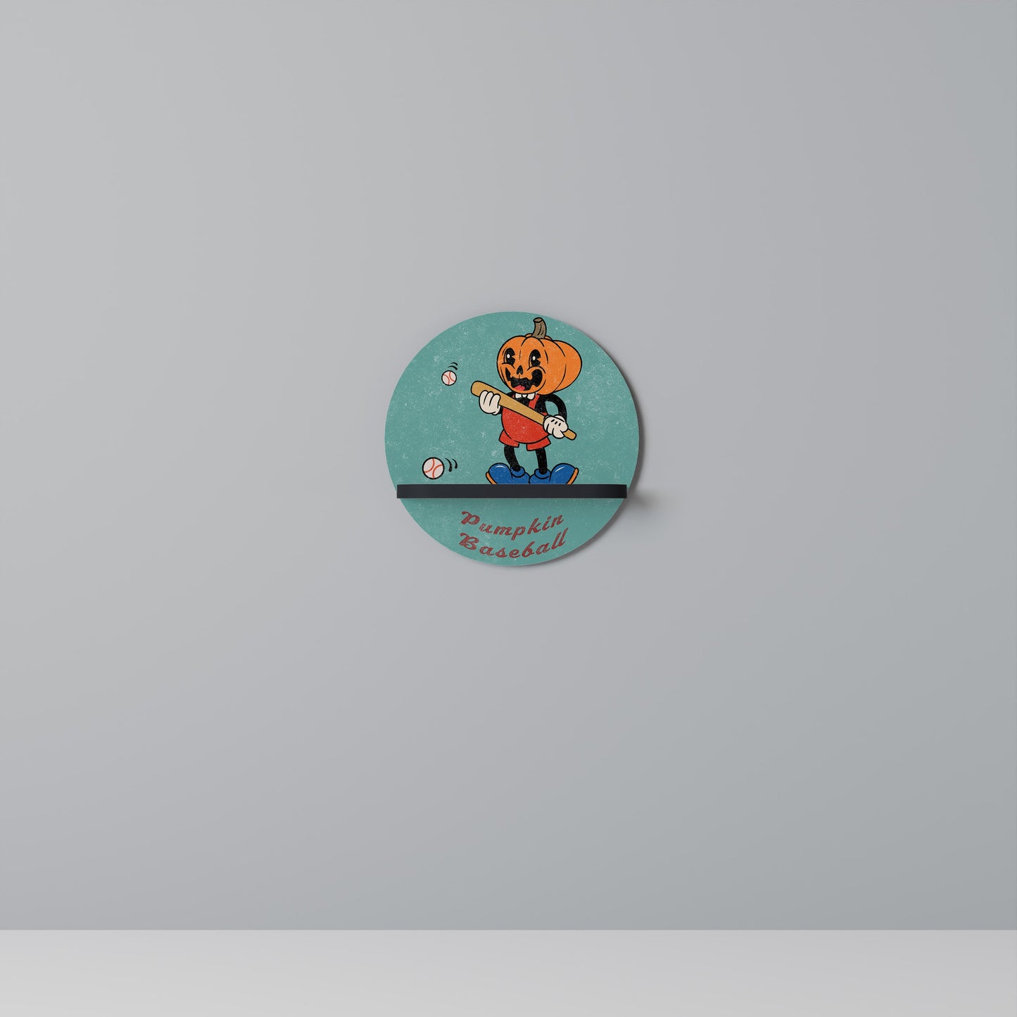PUMPKIN BASEBALL Round Art Shelf In Black Finish