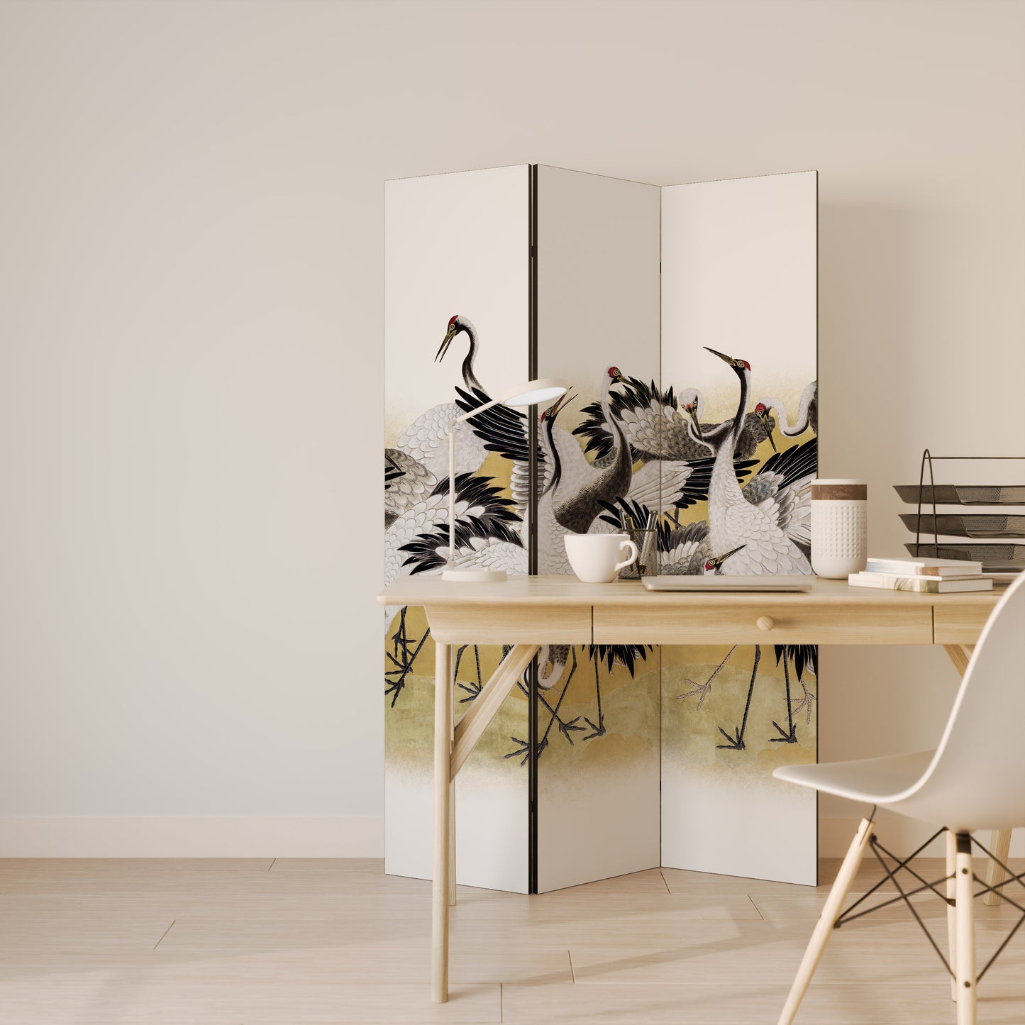 Paravento decorativo a 3 pannelli JAPANESE FLOCK OF CRANES